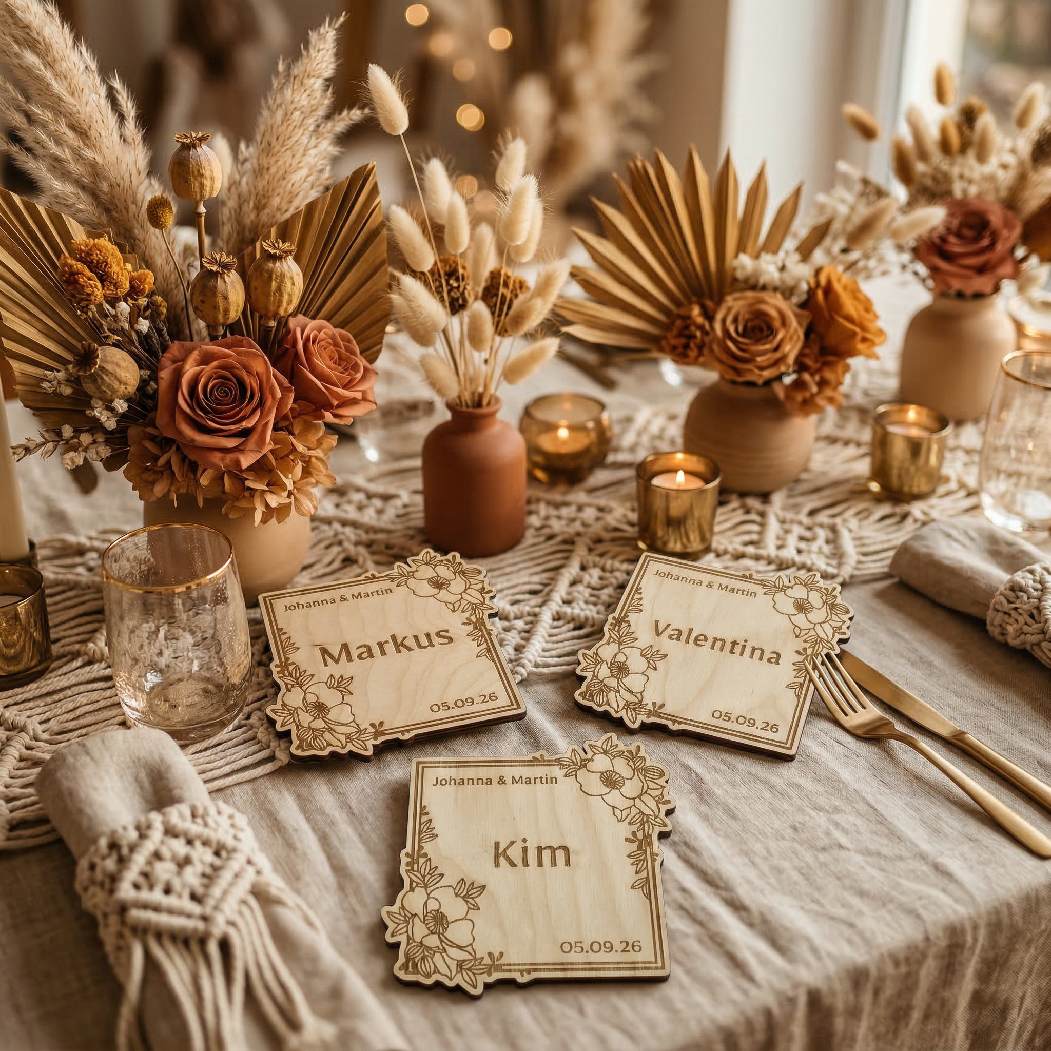 Untersetzer aus Birkenholz, rechteckig, Platzkarten personalisiert