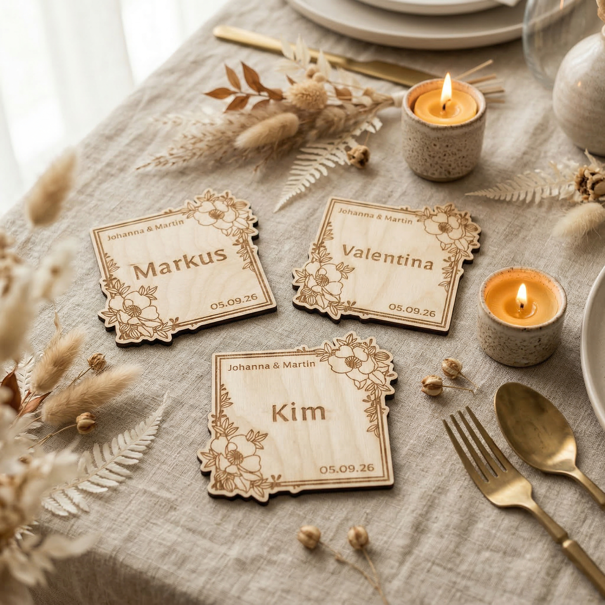 Untersetzer aus Birkenholz, rechteckig, Platzkarten personalisiert