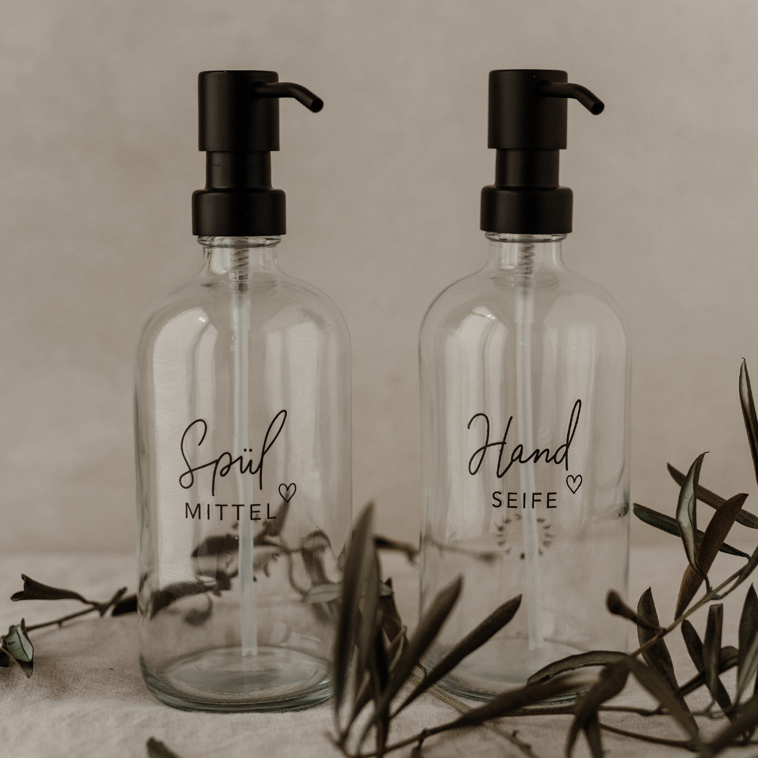 Eulenschnitt Spülmittelspender aus Glas | transparent mit Aufdruck Spülmittel und Herz | für 500 ml Inhalt