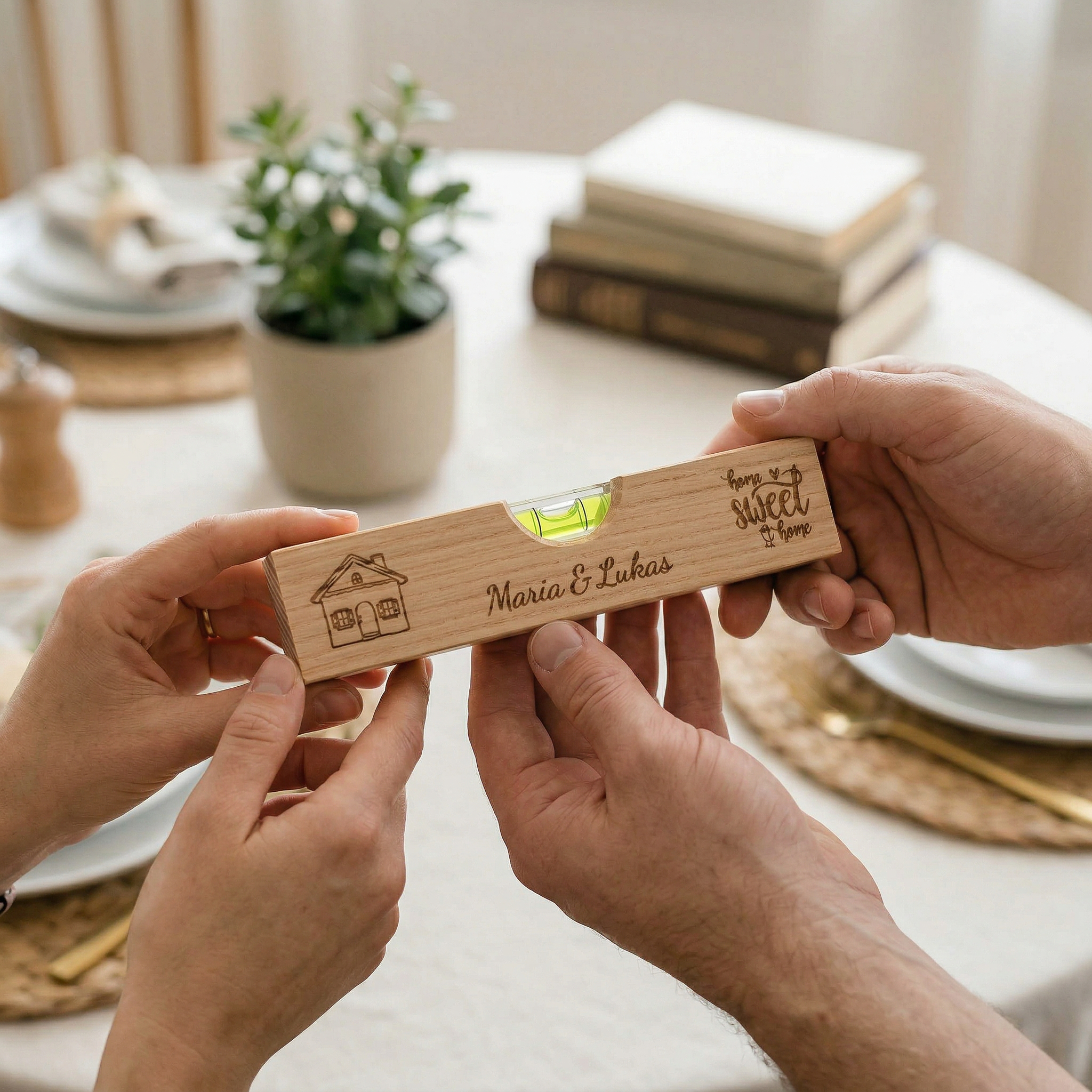 Personalisierte Mini Wasserwaage aus Holz | Geschenk zum Einzug, Richtfest & Hausbau | Individuelle Gravur | Home Sweet Home mit Namen