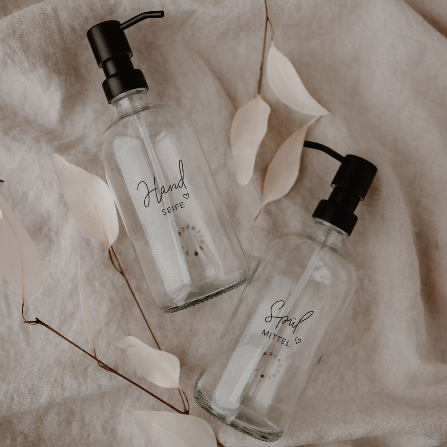 Eulenschnitt Spülmittelspender aus Glas | transparent mit Aufdruck Spülmittel und Herz | für 500 ml Inhalt