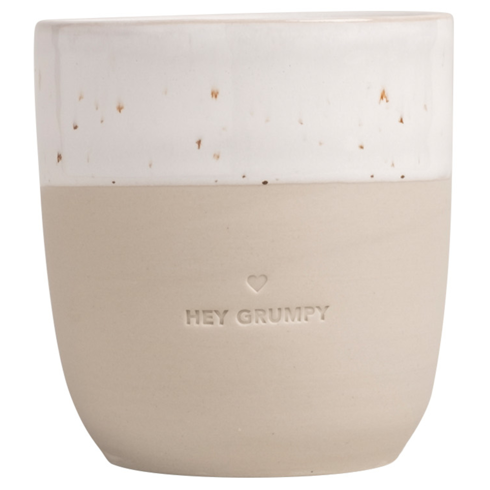 Eulenschnitt Becher HEY GRUMPY mit Herz | Steingut aus Portugal | Geschenk für deinen Morgenmuffel