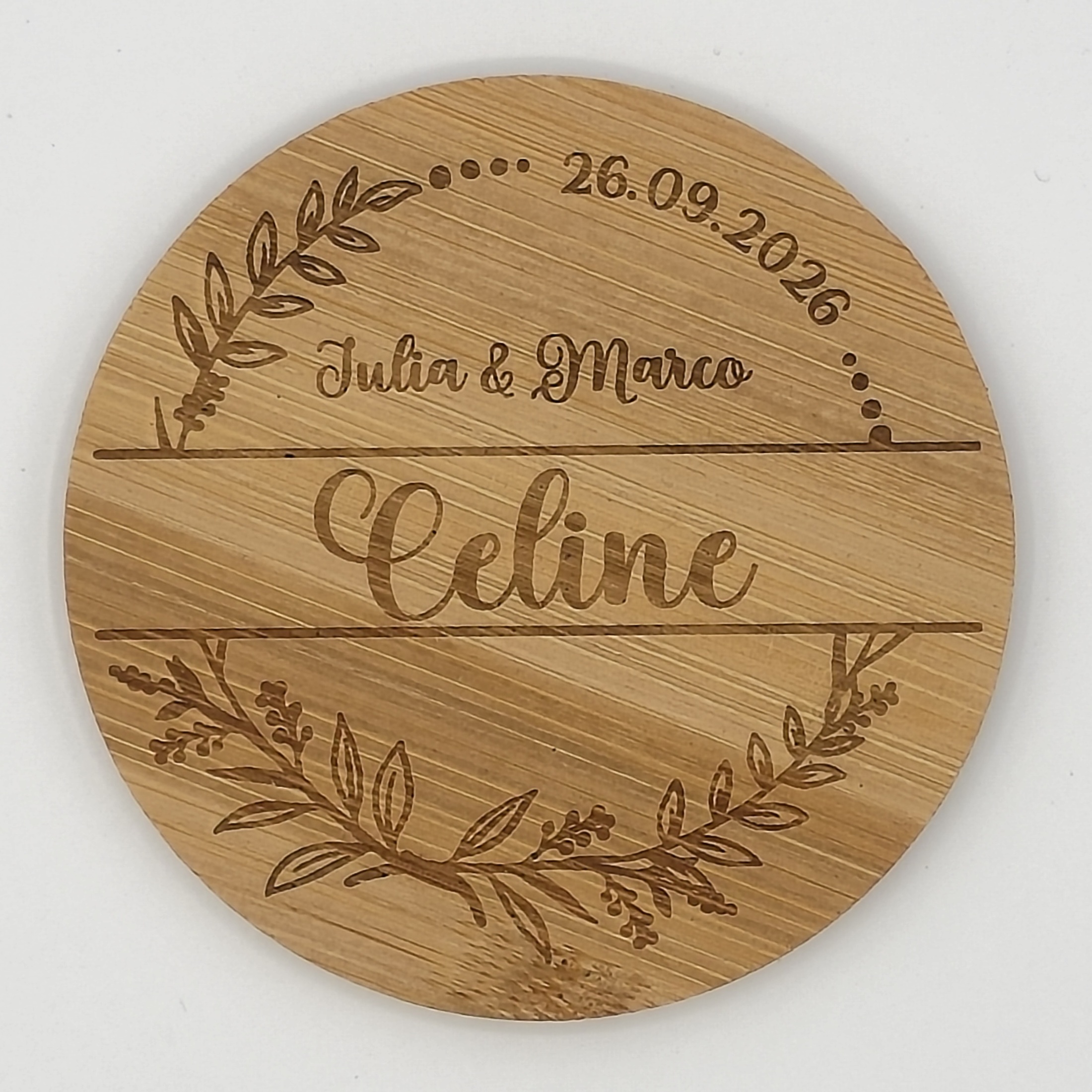 Platzkarte und Untersetzer aus Bambus, perfekt für Hochzeiten, personalisiert