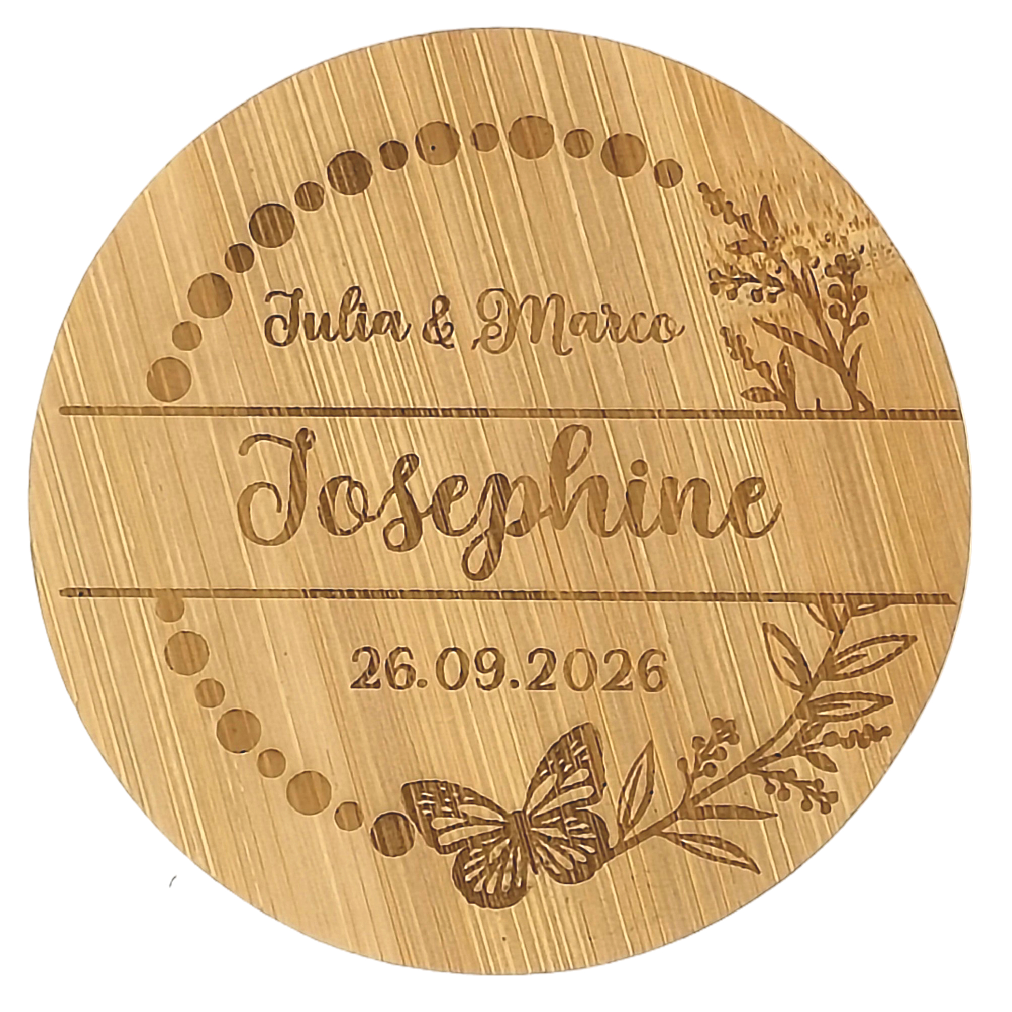 Platzkarte und Untersetzer aus Bambus, perfekt für Hochzeiten, personalisiert