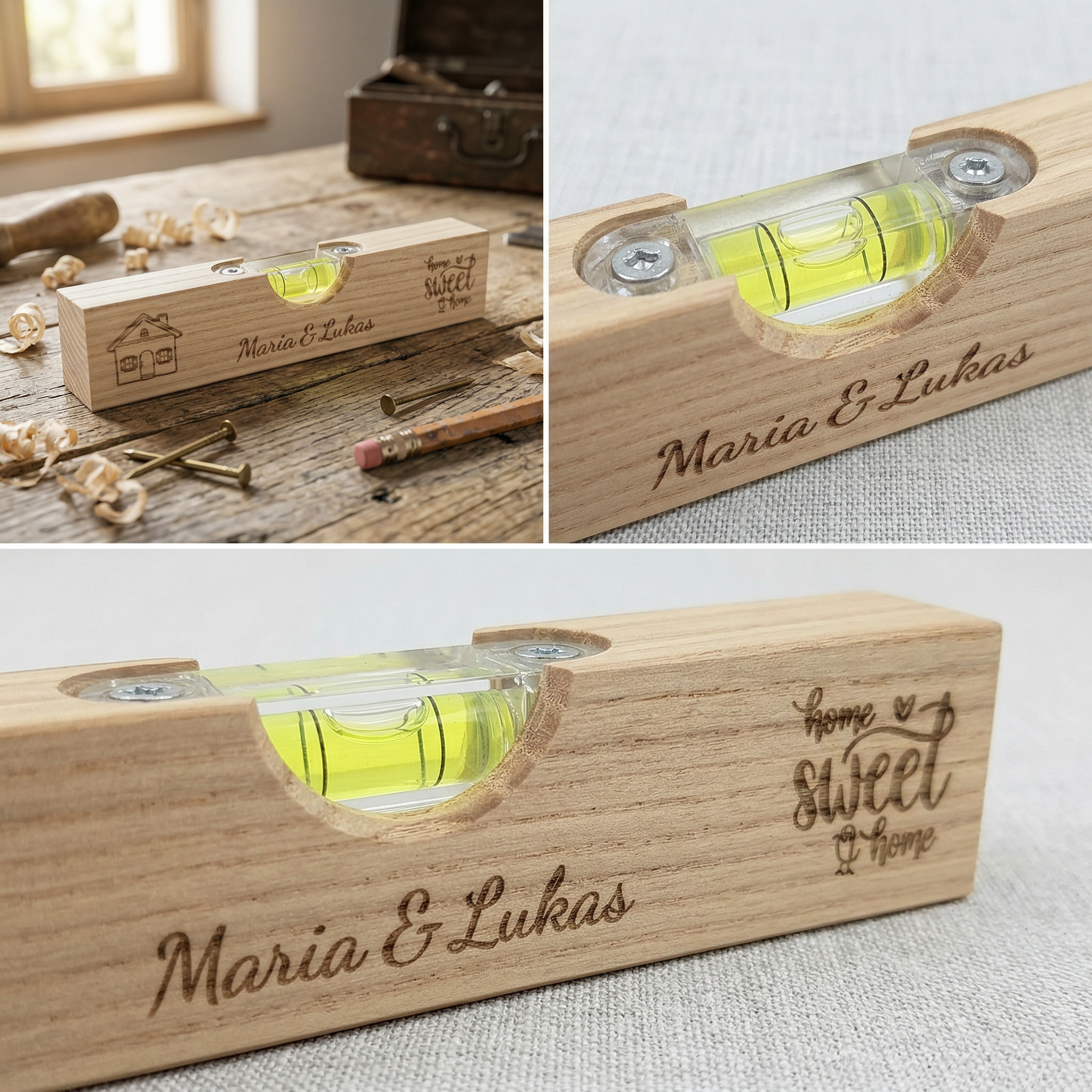 Personalisierte Mini Wasserwaage aus Holz | Geschenk zum Einzug, Richtfest & Hausbau | Individuelle Gravur | Home Sweet Home mit Namen