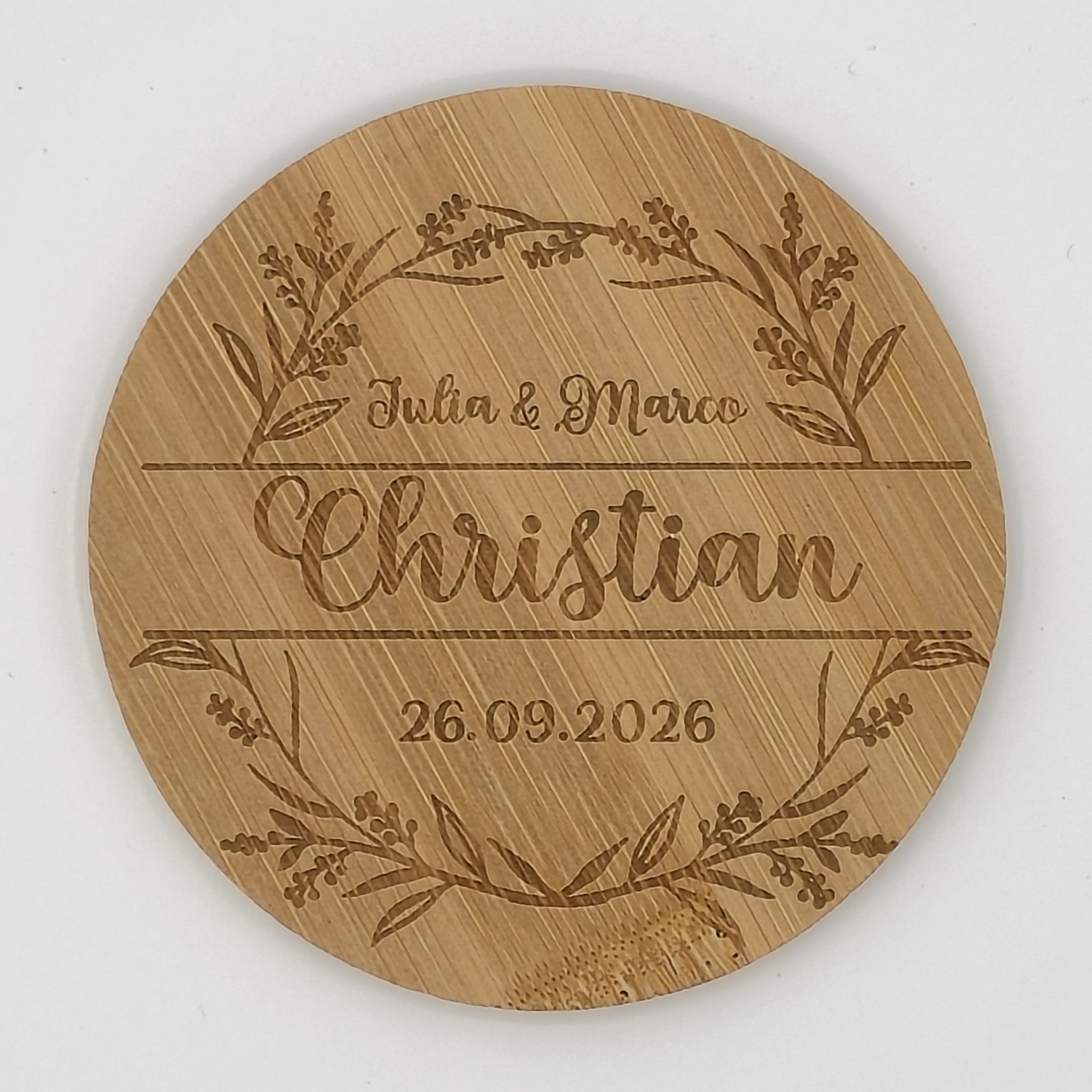 Platzkarte und Untersetzer aus Bambus, perfekt für Hochzeiten, personalisiert