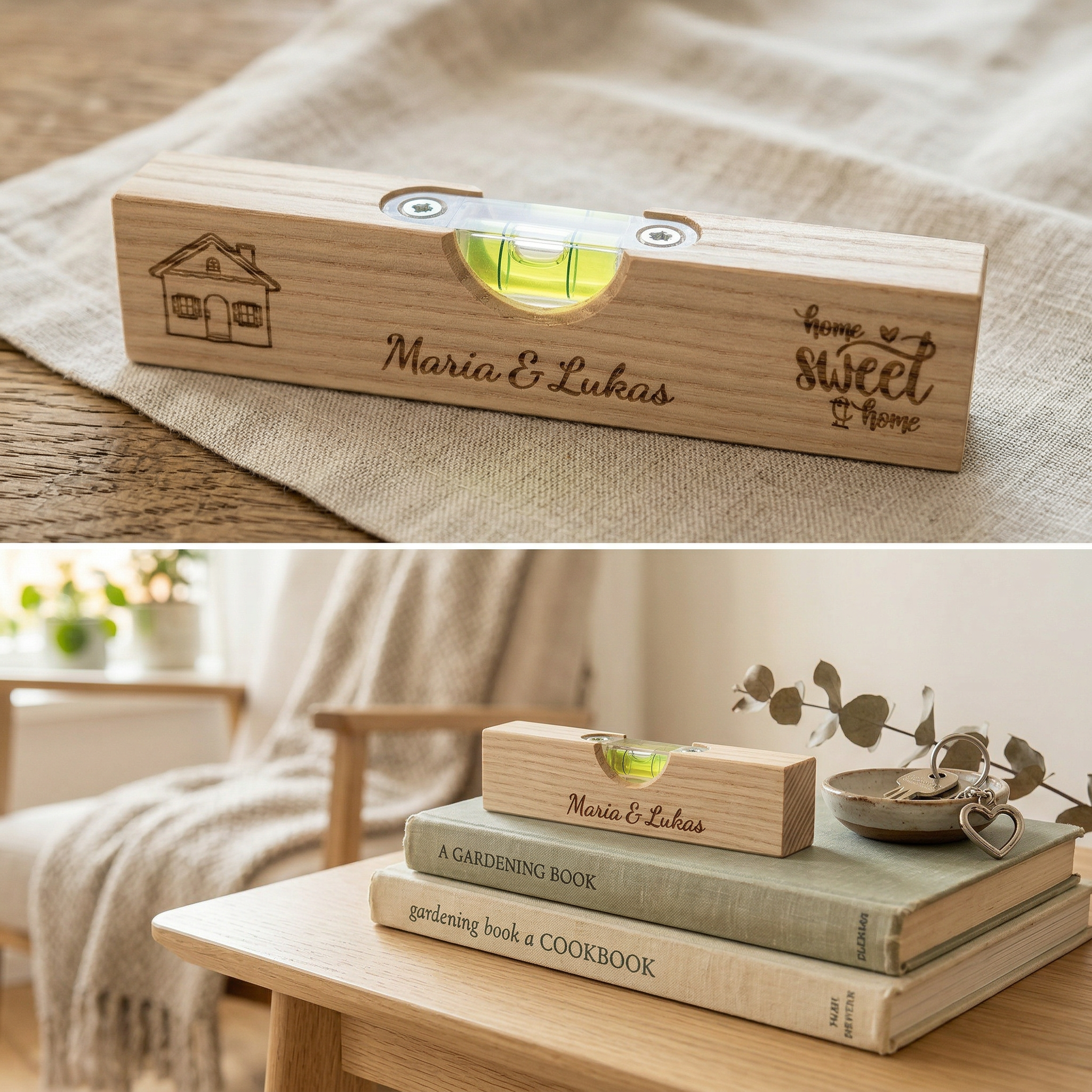 Personalisierte Mini Wasserwaage aus Holz | Geschenk zum Einzug, Richtfest & Hausbau | Individuelle Gravur | Home Sweet Home mit Namen