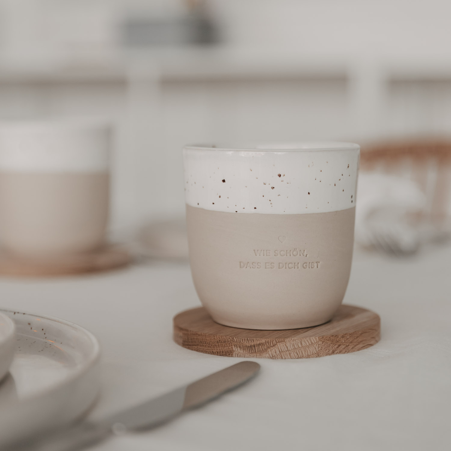 Eulenschnitt Becher aus Steingut | Aufdruck Wie schön, dass es dich gibt | Kaffeebecher aus Portugal