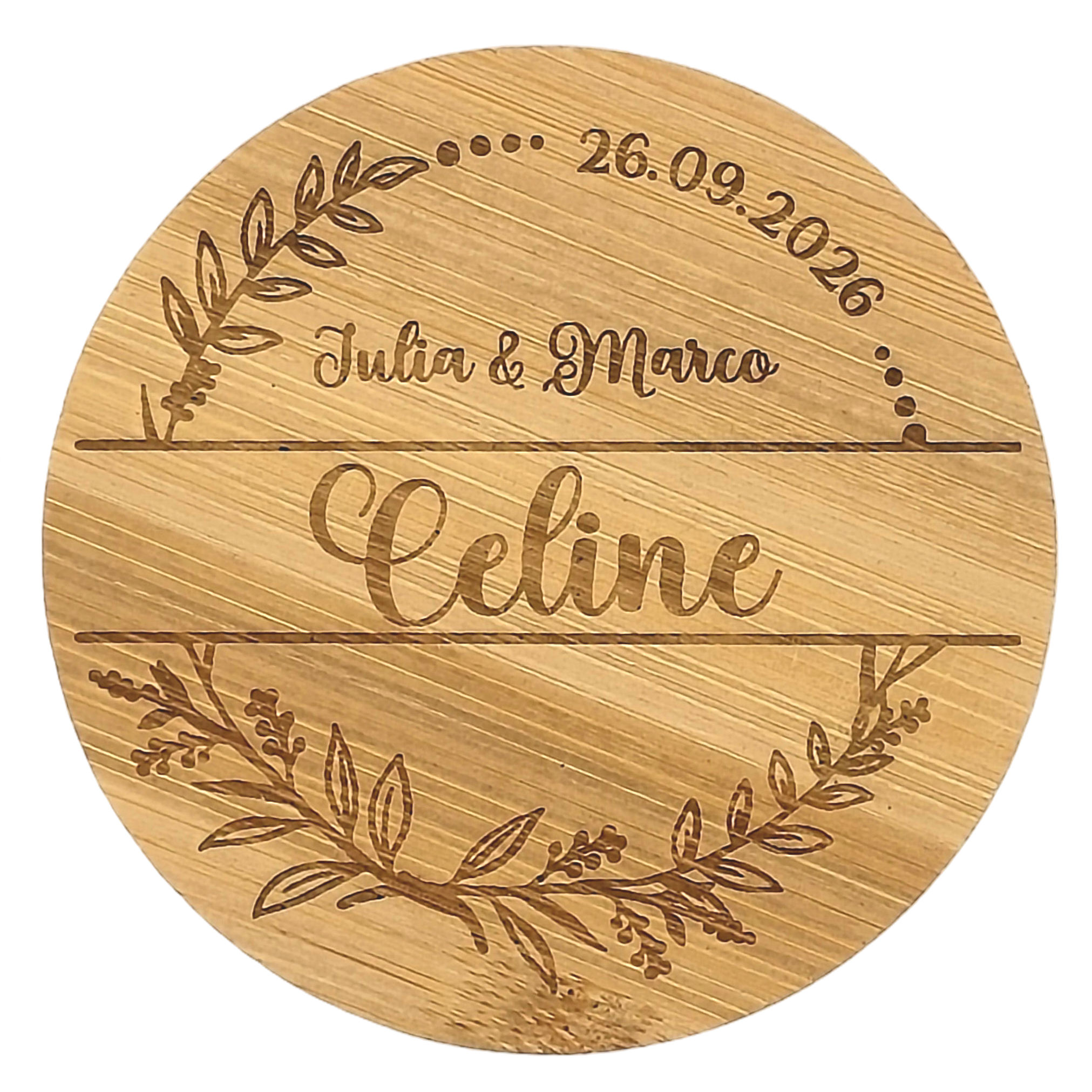 Platzkarte und Untersetzer aus Bambus, perfekt für Hochzeiten, personalisiert