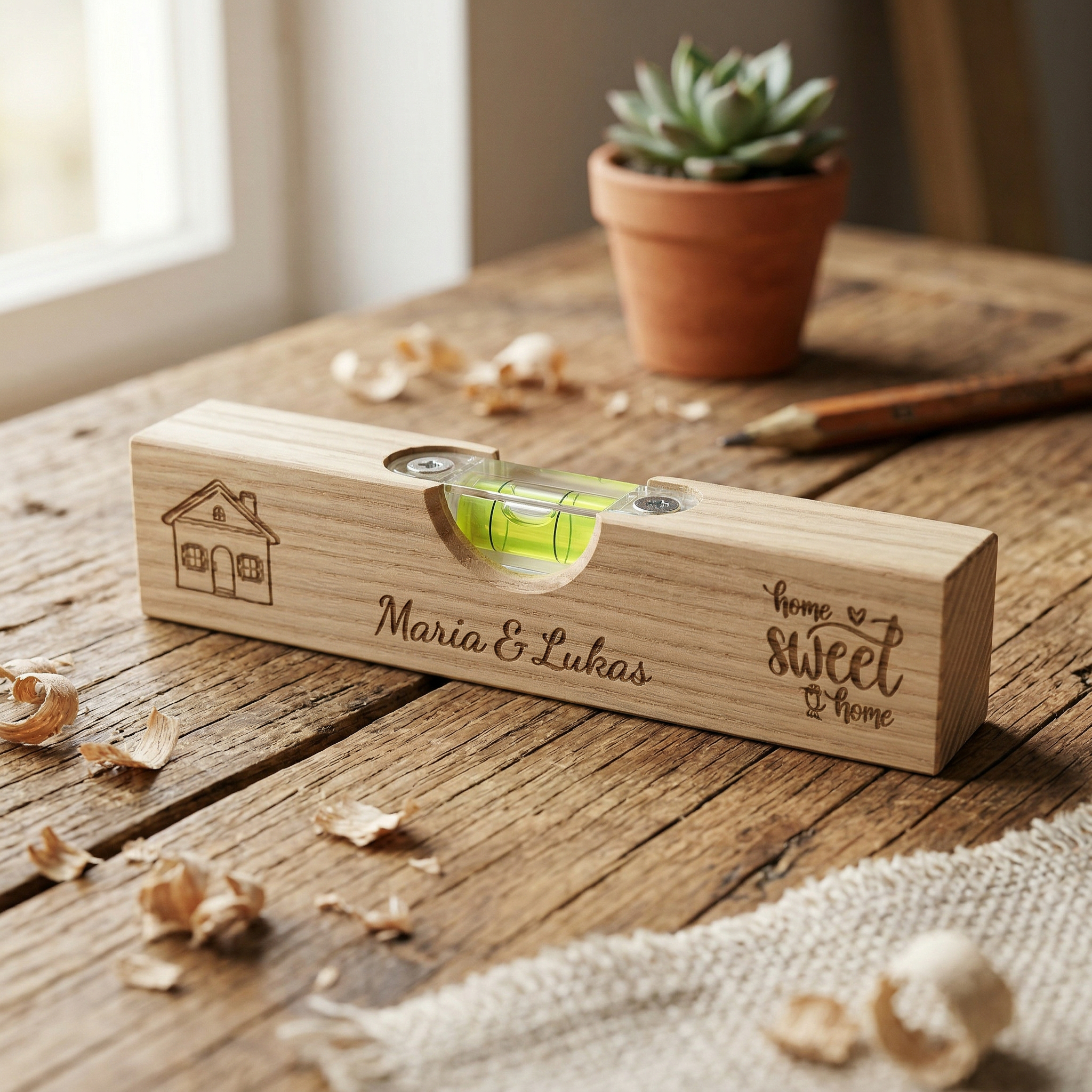 Personalisierte Mini Wasserwaage aus Holz | Geschenk zum Einzug, Richtfest & Hausbau | Individuelle Gravur | Home Sweet Home mit Namen