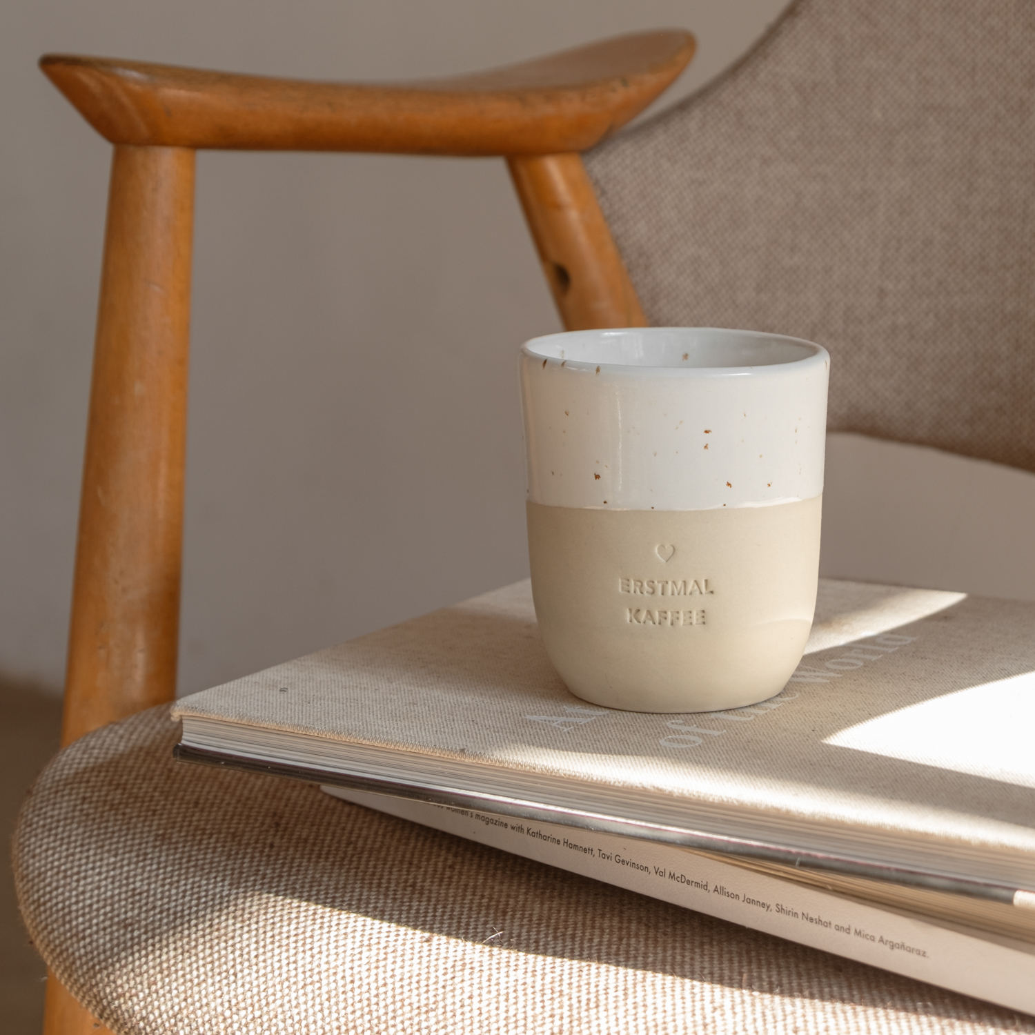 Eulenschnitt Becher ERSTMAL KAFFEE mit Herz | Steingut aus Portugal | für den morgendlichen Kaffee