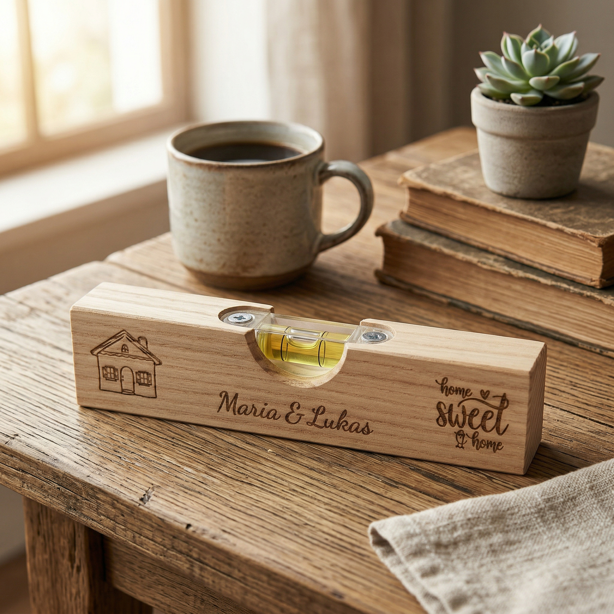 Personalisierte Mini Wasserwaage aus Holz | Geschenk zum Einzug, Richtfest & Hausbau | Individuelle Gravur | Home Sweet Home mit Namen