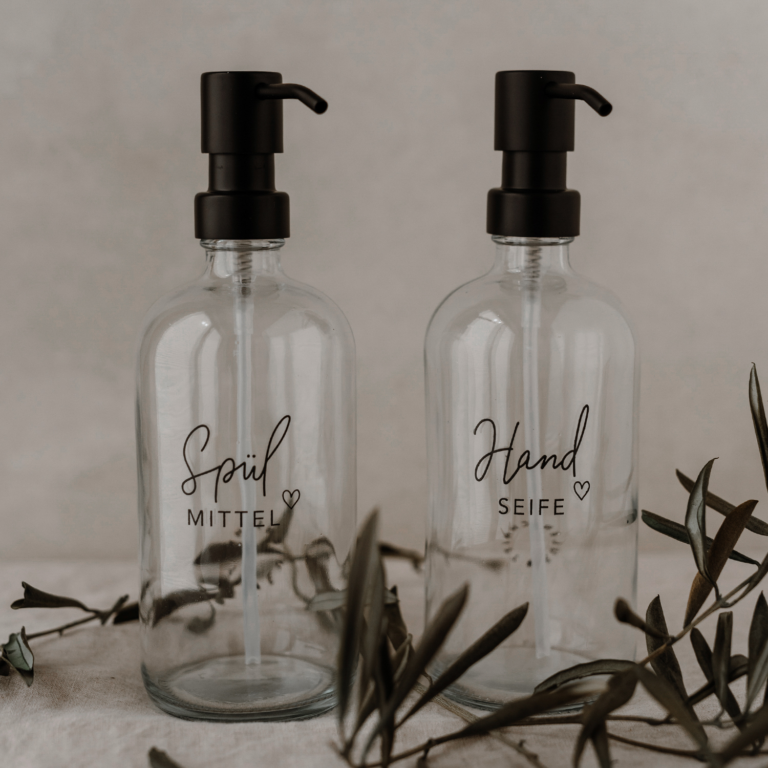 Eulenschnitt Spülmittelspender aus Glas | transparent mit Aufdruck Spülmittel und Herz | für 500 ml Inhalt