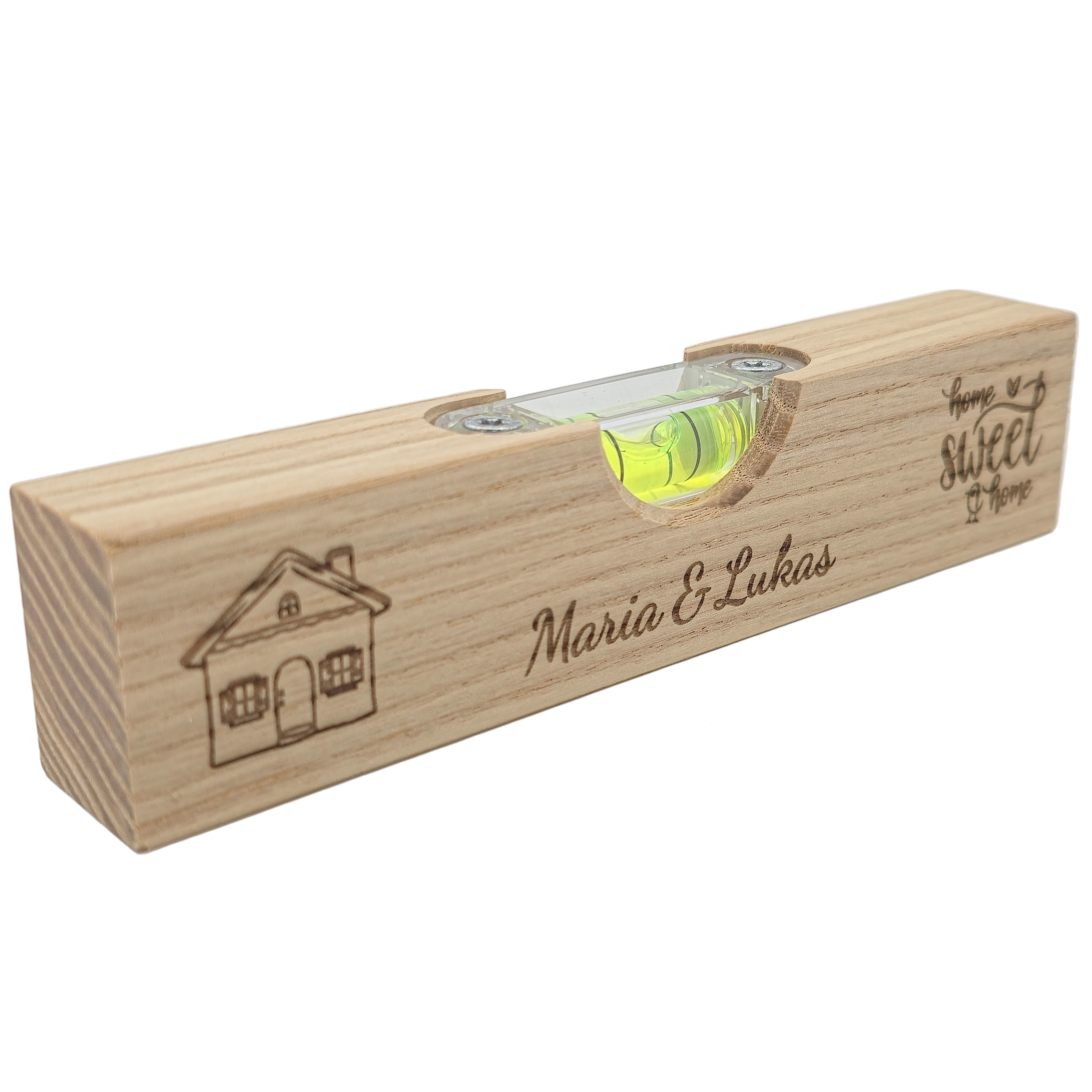 Personalisierte Mini Wasserwaage aus Holz | Geschenk zum Einzug, Richtfest & Hausbau | Individuelle Gravur | Home Sweet Home mit Namen