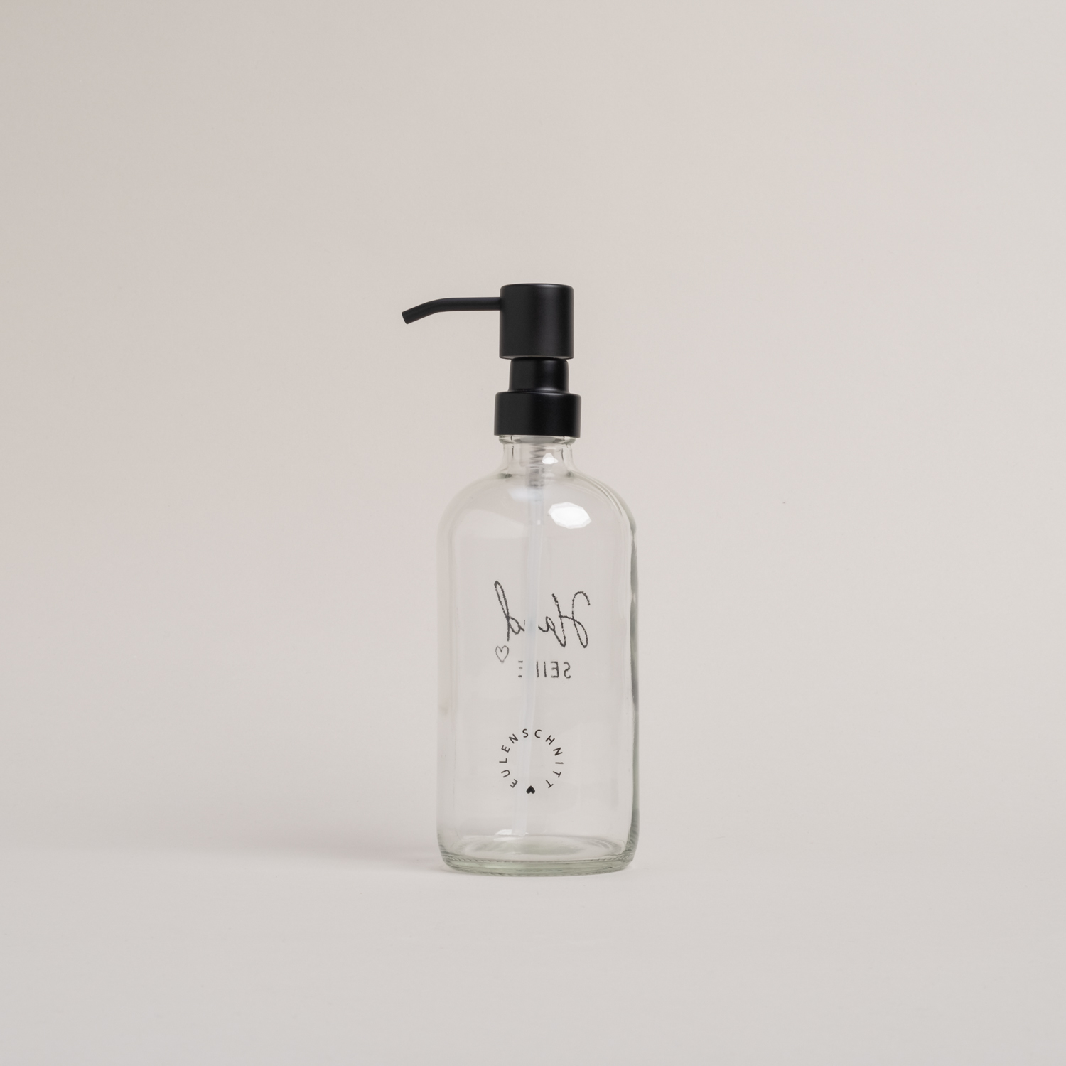 Eulenschnitt Seifenspender aus Glas | transparent mit Aufdruck Handseife und Herz | für 500 ml Inhalt