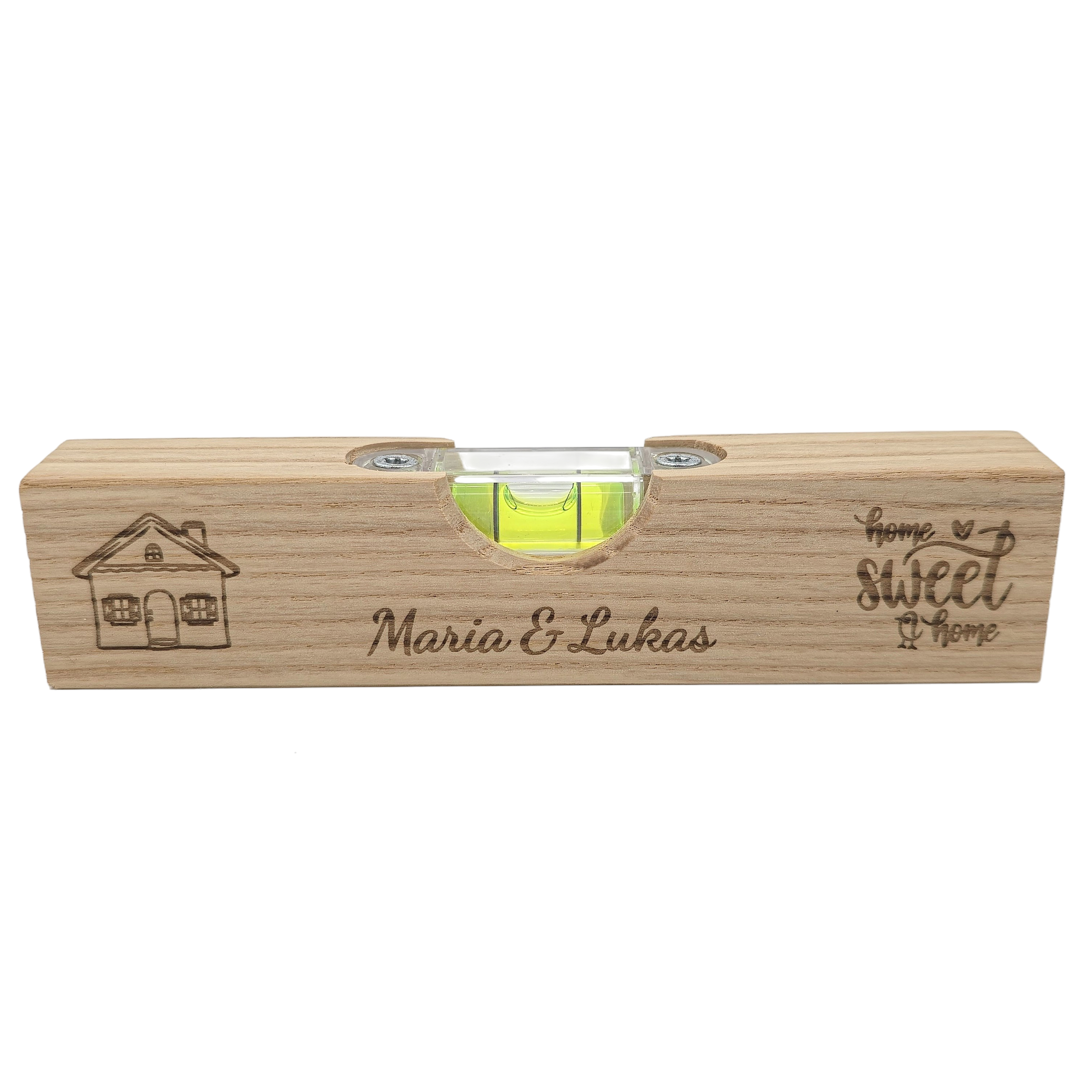 Personalisierte Mini Wasserwaage aus Holz | Geschenk zum Einzug, Richtfest & Hausbau | Individuelle Gravur | Home Sweet Home mit Namen