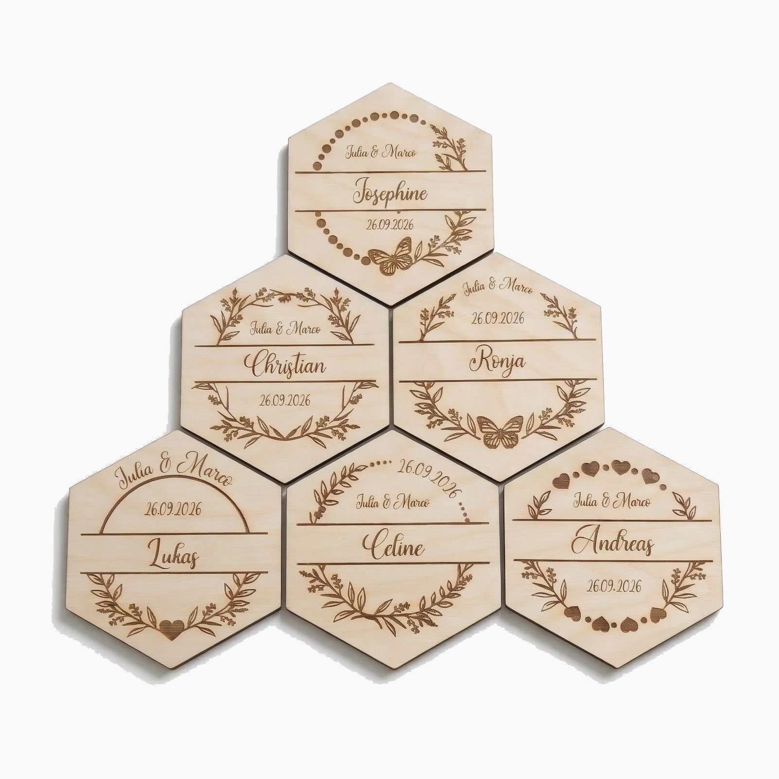 Personalisierte Untersetzer Birke im Hexagon-Format, Platzkarten aus Holz für Hochzeiten