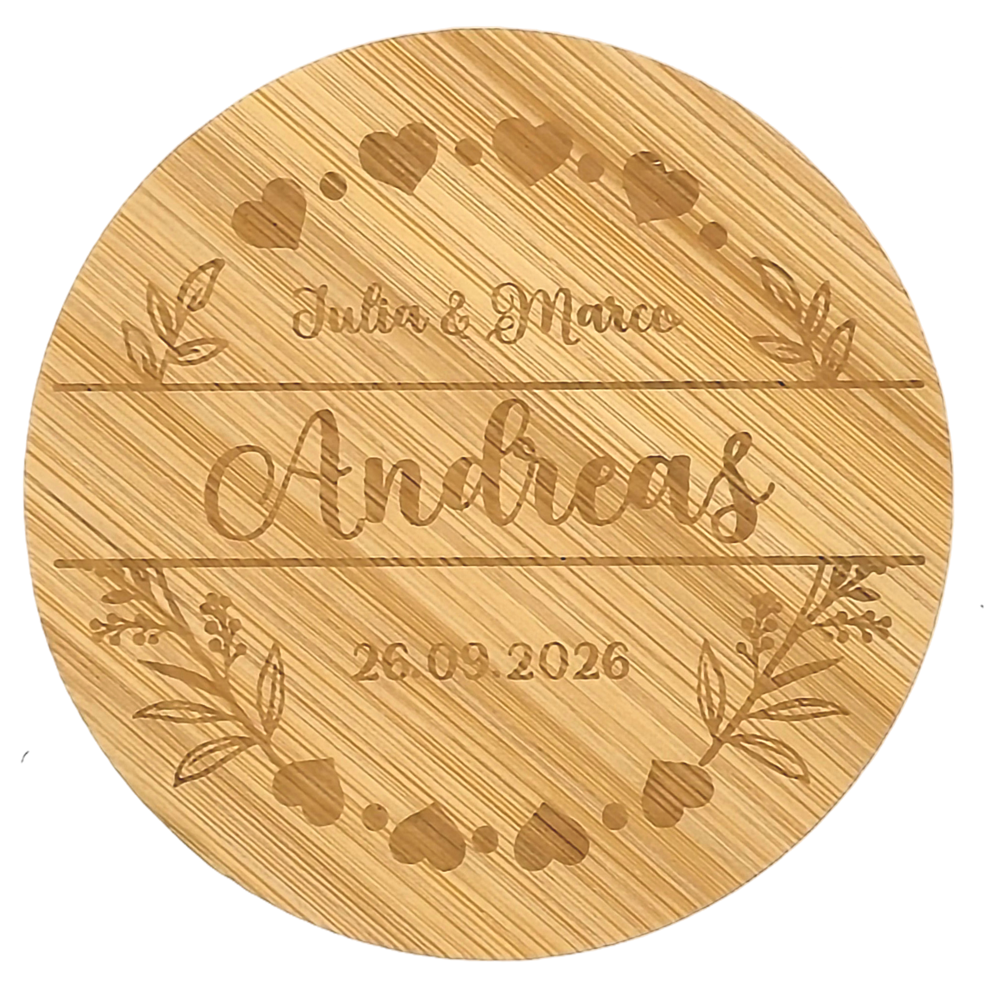 Platzkarte und Untersetzer aus Bambus, perfekt für Hochzeiten, personalisiert