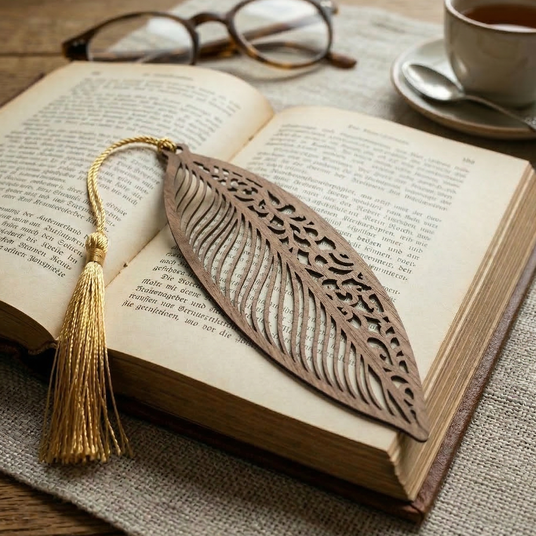 Filigranes Lesezeichen aus biegbarem Holz mit floralem Design, Furnierpapier aus Nussbaum mit farbigem Quast