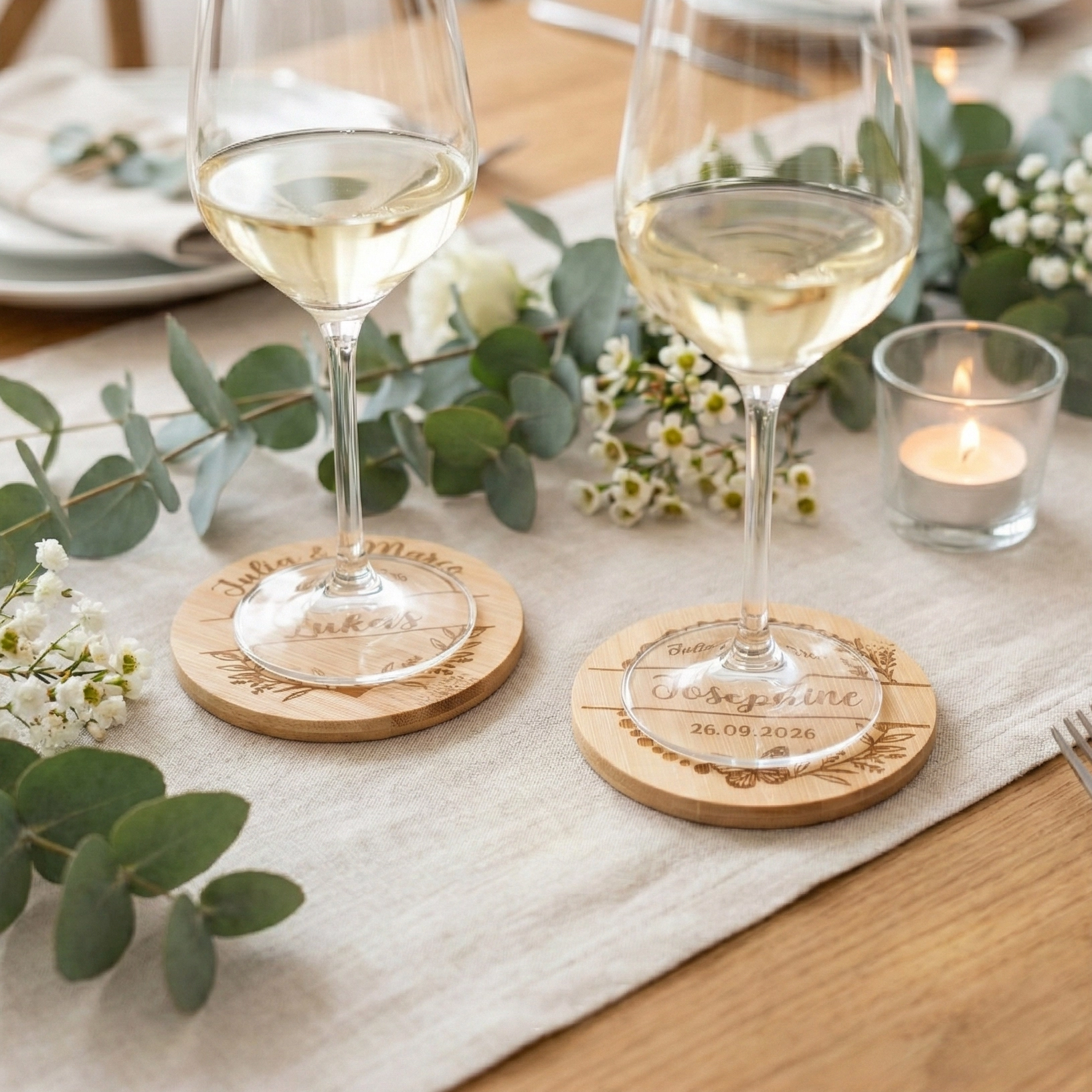 Platzkarte und Untersetzer aus Bambus, perfekt für Hochzeiten, personalisiert