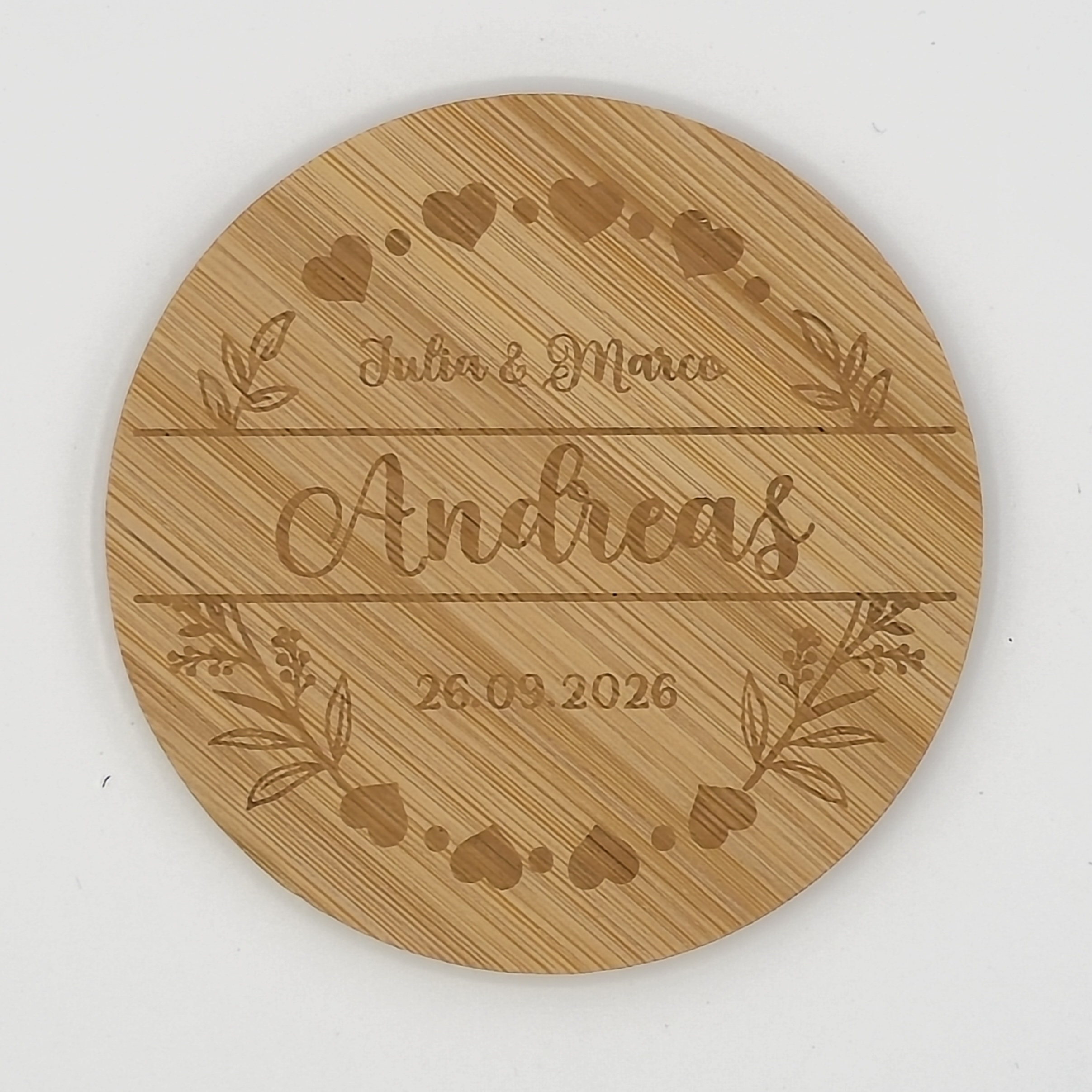 Platzkarte und Untersetzer aus Bambus, perfekt für Hochzeiten, personalisiert