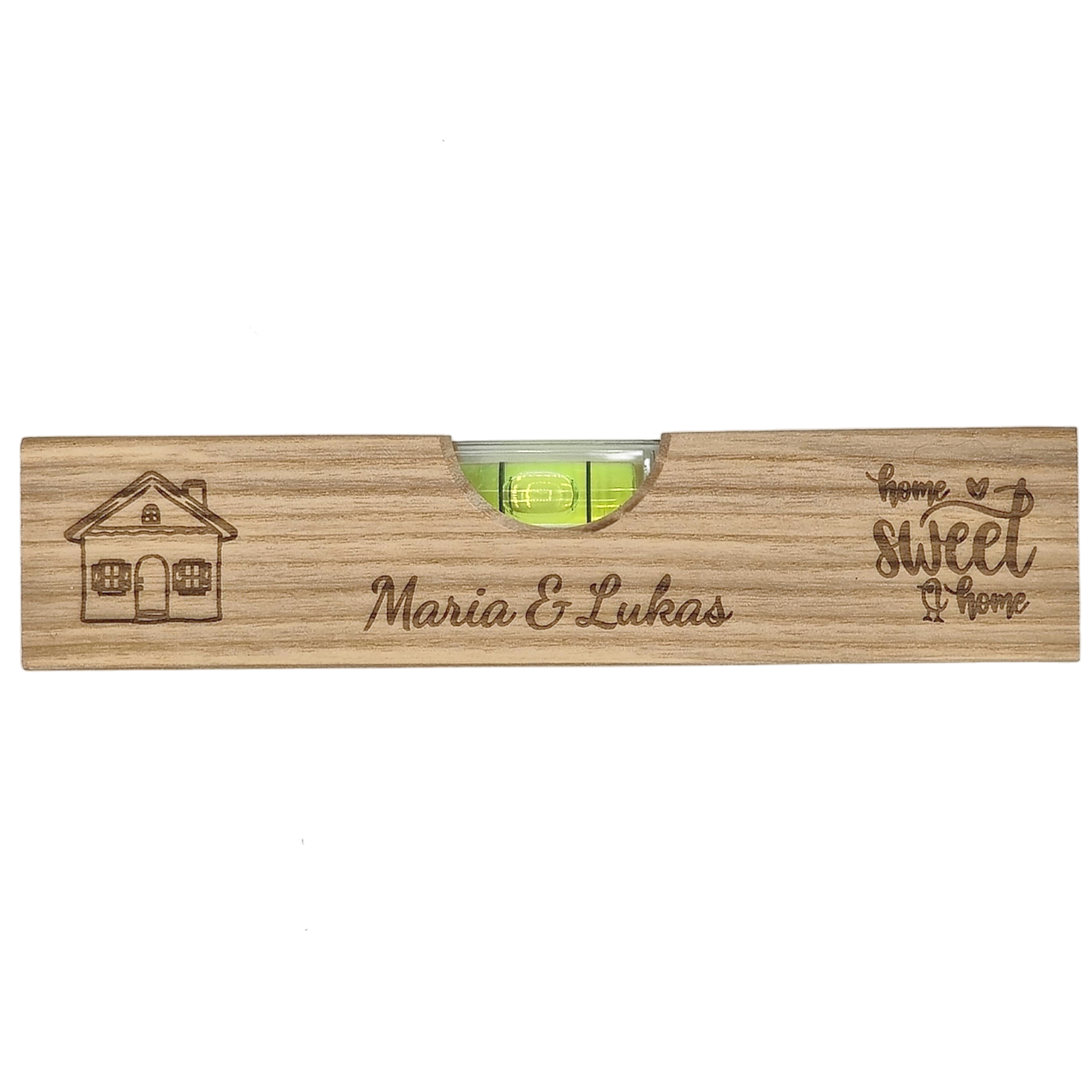 Personalisierte Mini Wasserwaage aus Holz | Geschenk zum Einzug, Richtfest & Hausbau | Individuelle Gravur | Home Sweet Home mit Namen