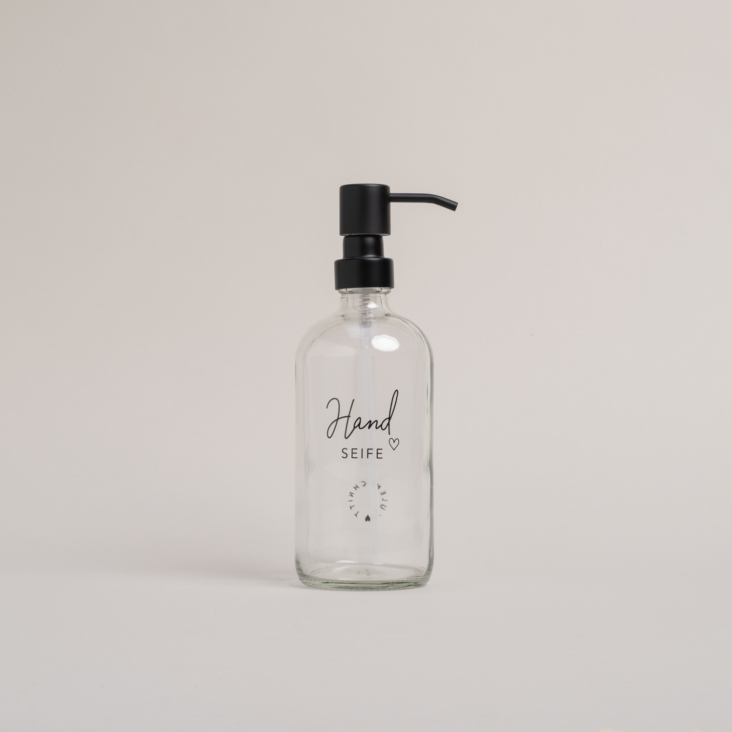 Eulenschnitt Seifenspender aus Glas | transparent mit Aufdruck Handseife und Herz | für 500 ml Inhalt