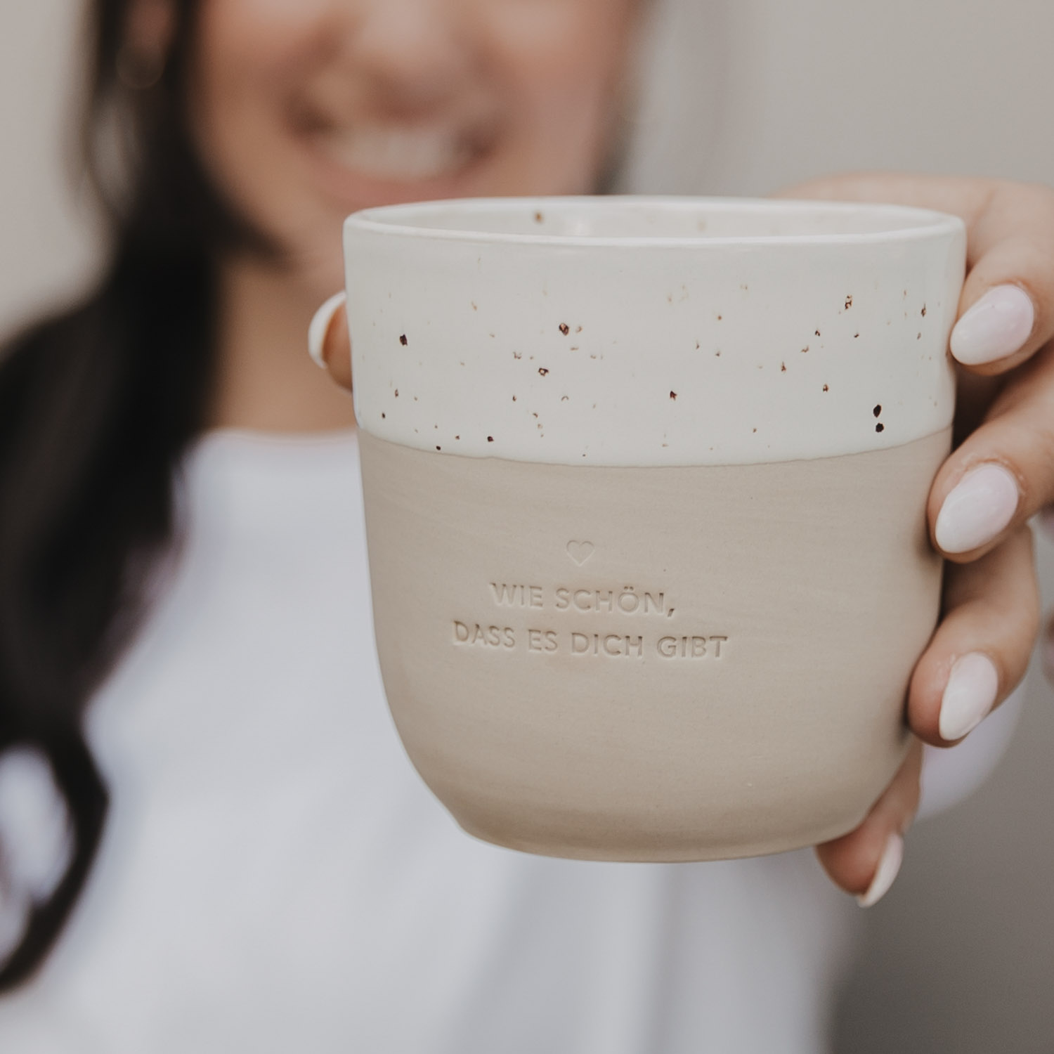 Eulenschnitt Becher aus Steingut | Aufdruck Wie schön, dass es dich gibt | Kaffeebecher aus Portugal