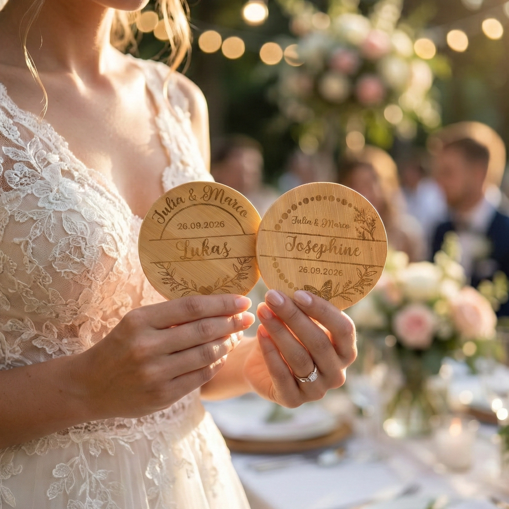 Platzkarte und Untersetzer aus Bambus, perfekt für Hochzeiten, personalisiert