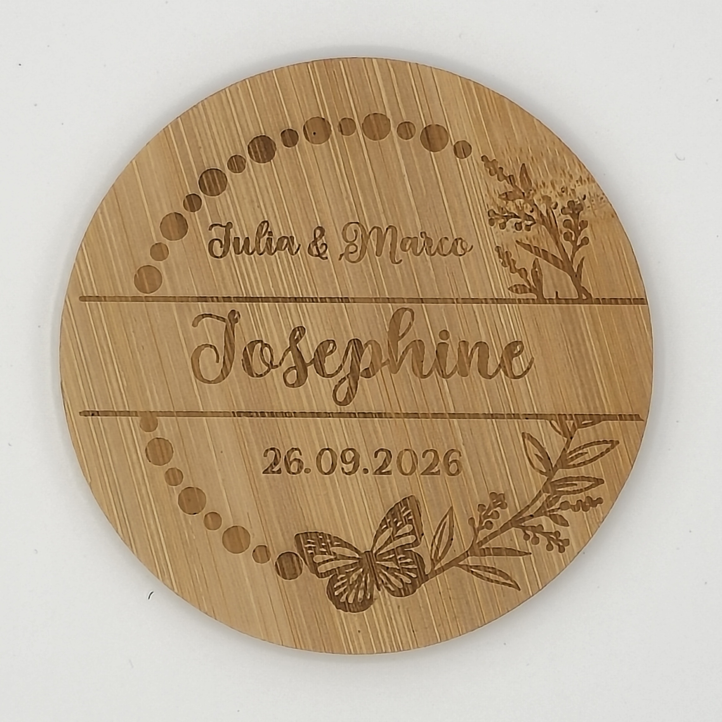 Platzkarte und Untersetzer aus Bambus, perfekt für Hochzeiten, personalisiert