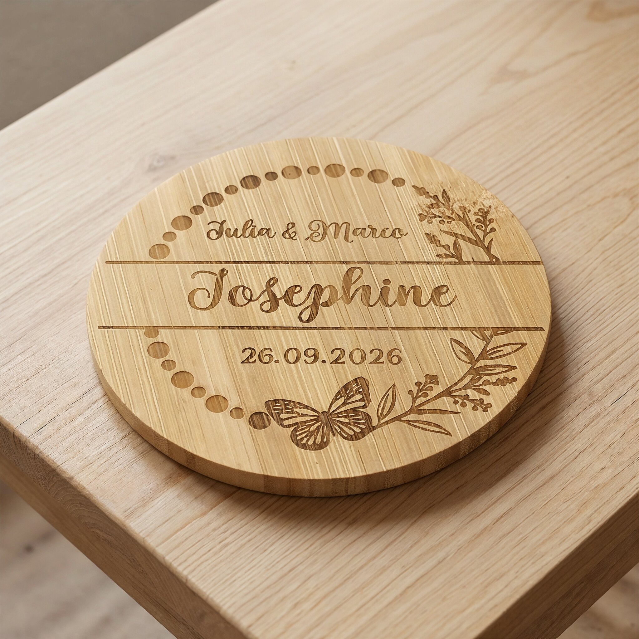 Platzkarte und Untersetzer aus Bambus, perfekt für Hochzeiten, personalisiert