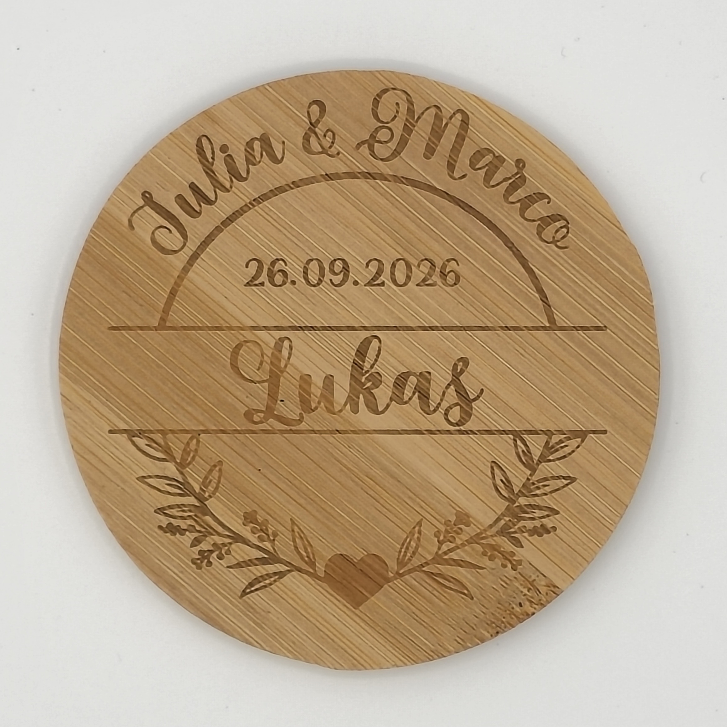 Platzkarte und Untersetzer aus Bambus, perfekt für Hochzeiten, personalisiert