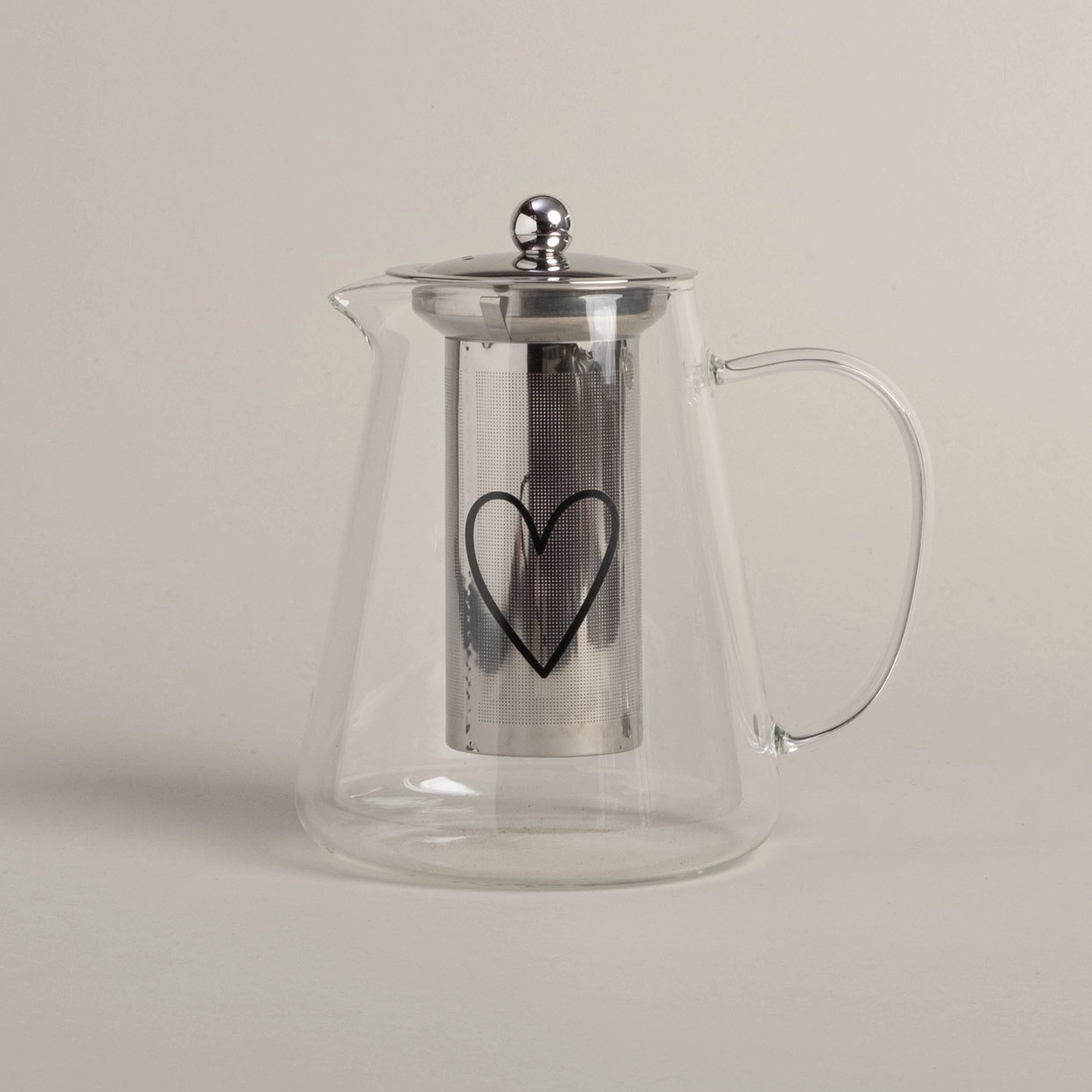 Eulenschnitt Teekanne aus Glas mit Sieb und Deckel, Aufdruck Herz für 1200 ml