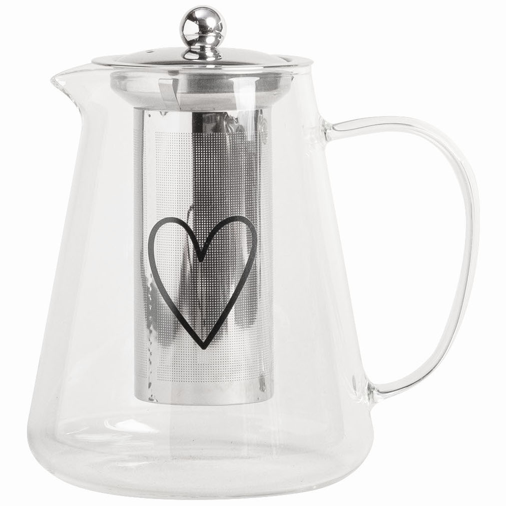 Eulenschnitt Teekanne aus Glas mit Sieb und Deckel, Aufdruck Herz für 1200 ml