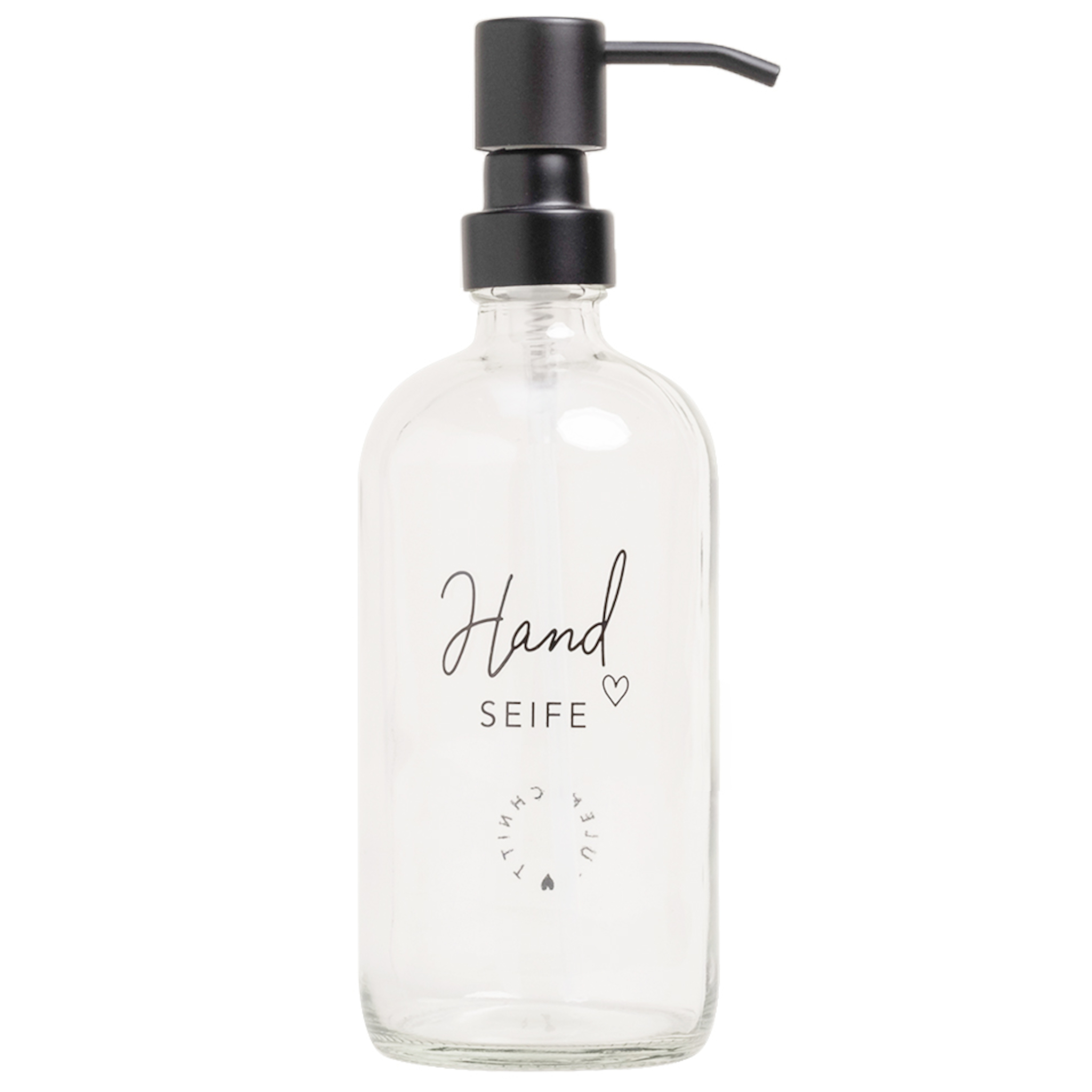 Eulenschnitt Seifenspender aus Glas | transparent mit Aufdruck Handseife und Herz | für 500 ml Inhalt