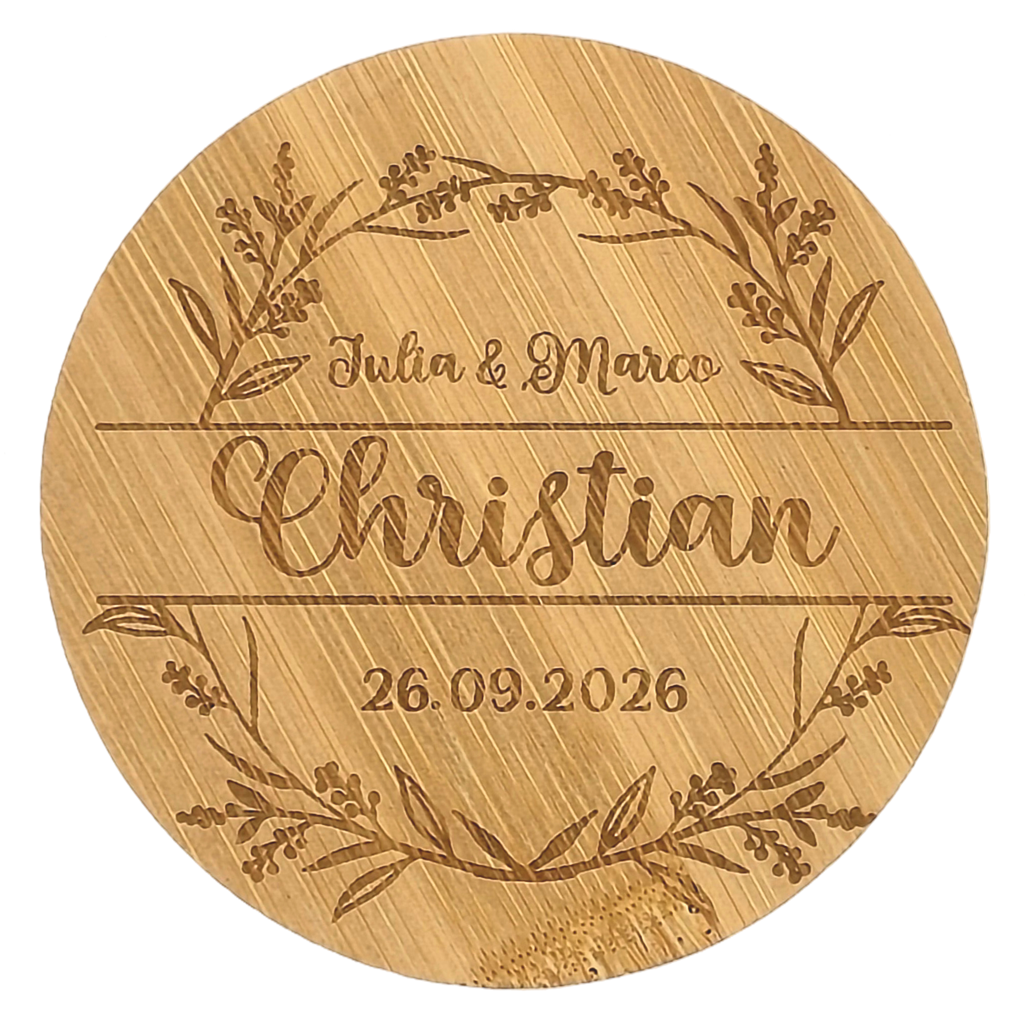 Platzkarte und Untersetzer aus Bambus, perfekt für Hochzeiten, personalisiert