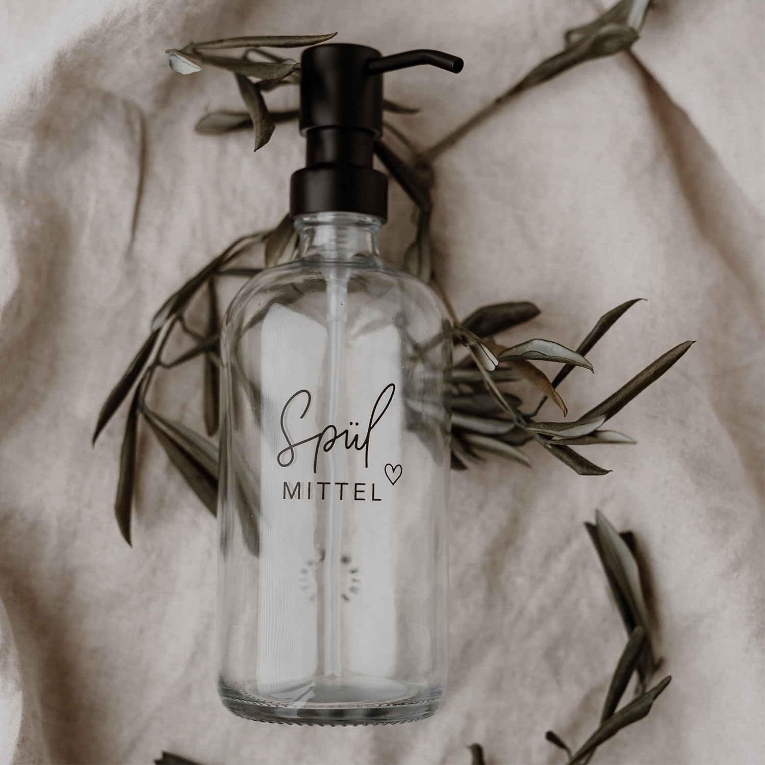 Eulenschnitt Spülmittelspender aus Glas | transparent mit Aufdruck Spülmittel und Herz | für 500 ml Inhalt