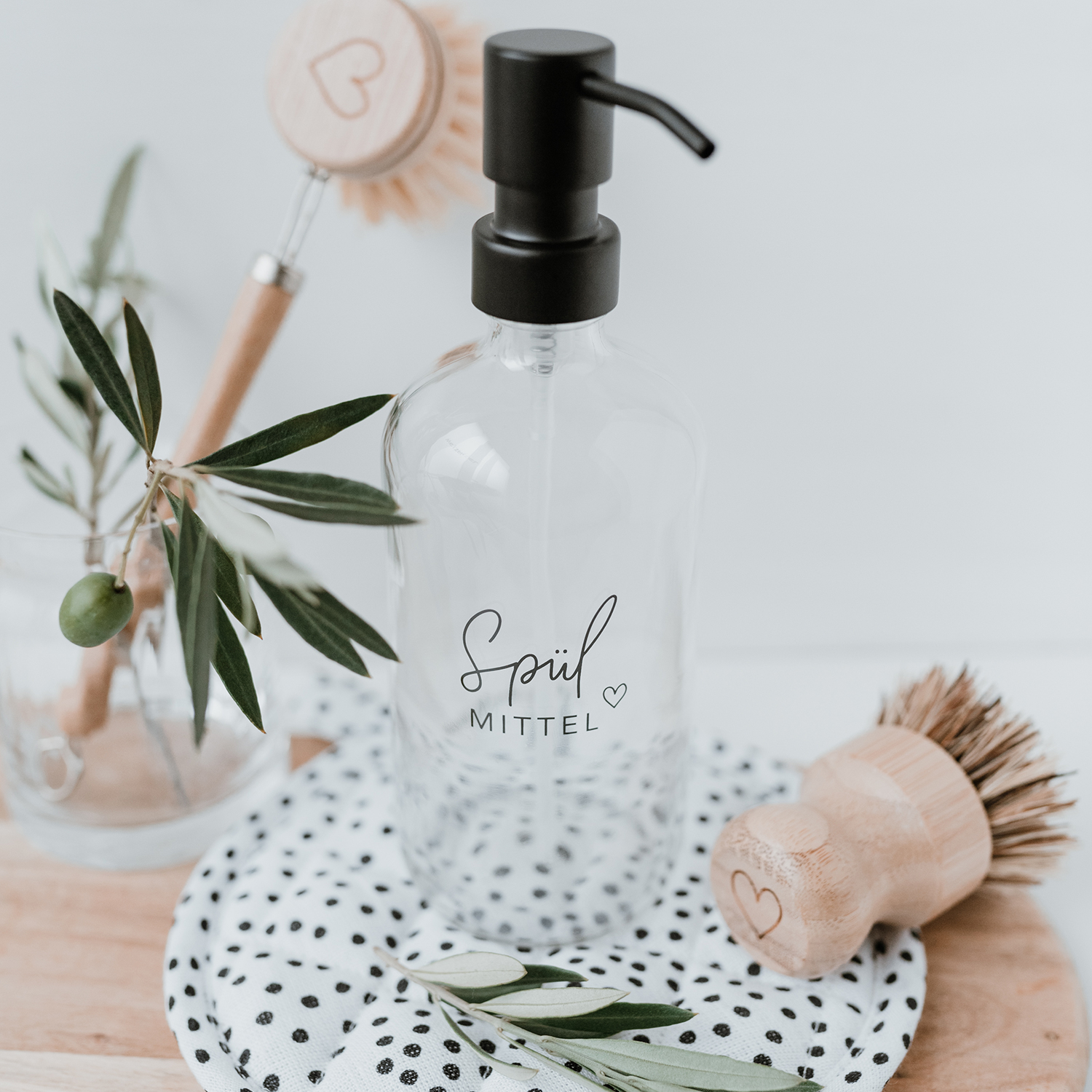 Eulenschnitt Spülmittelspender aus Glas | transparent mit Aufdruck Spülmittel und Herz | für 500 ml Inhalt