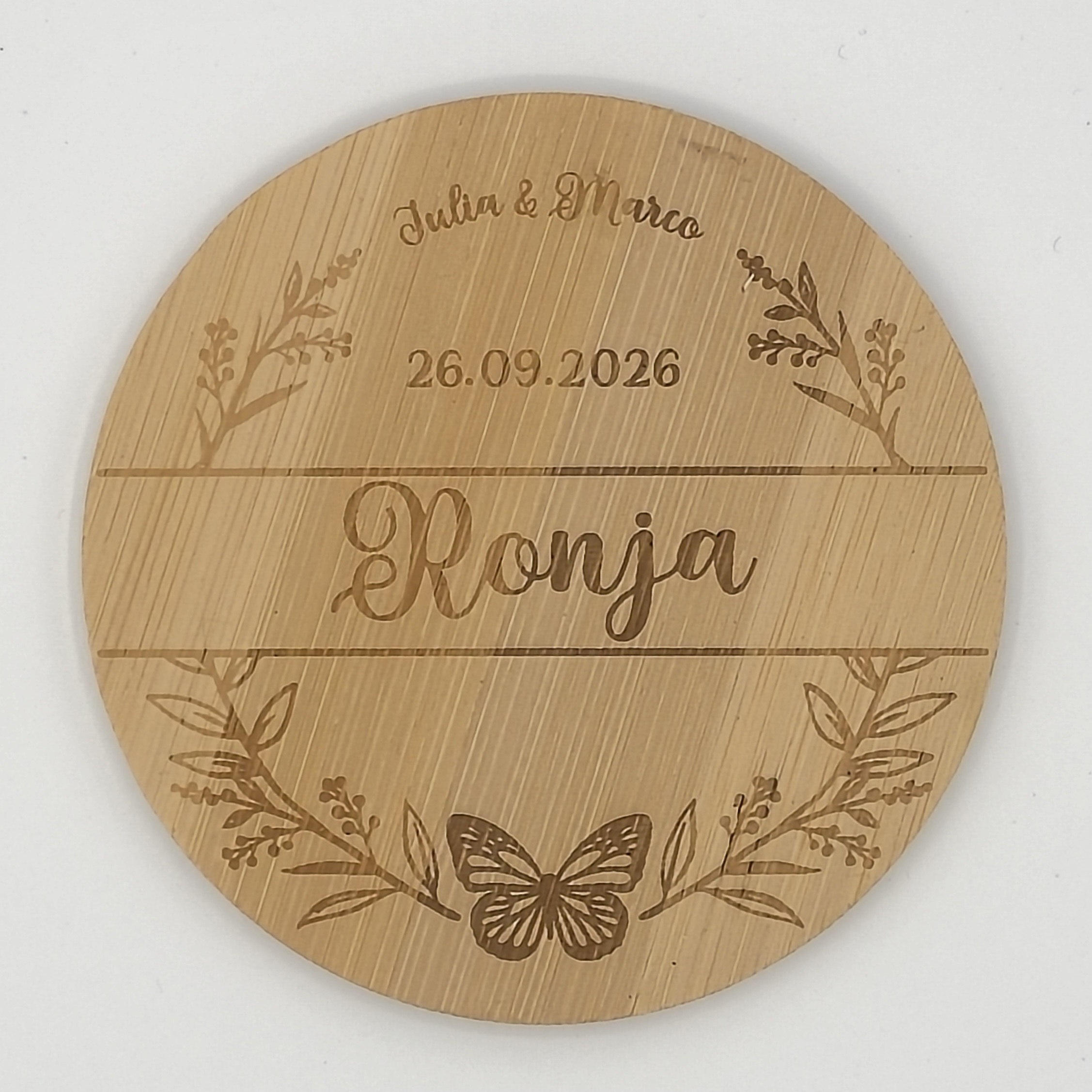 Platzkarte und Untersetzer aus Bambus, perfekt für Hochzeiten, personalisiert