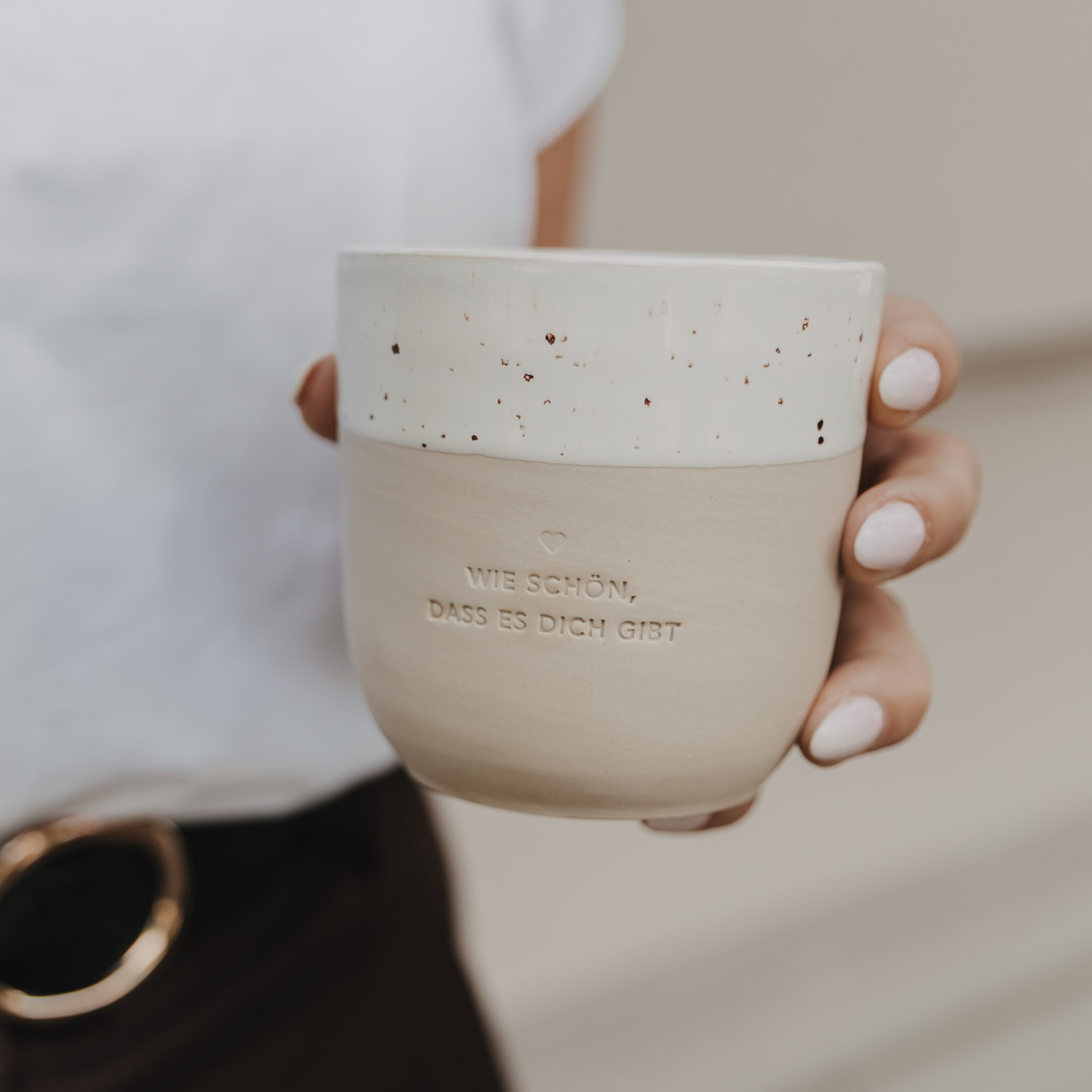 Eulenschnitt Becher aus Steingut | Aufdruck Wie schön, dass es dich gibt | Kaffeebecher aus Portugal