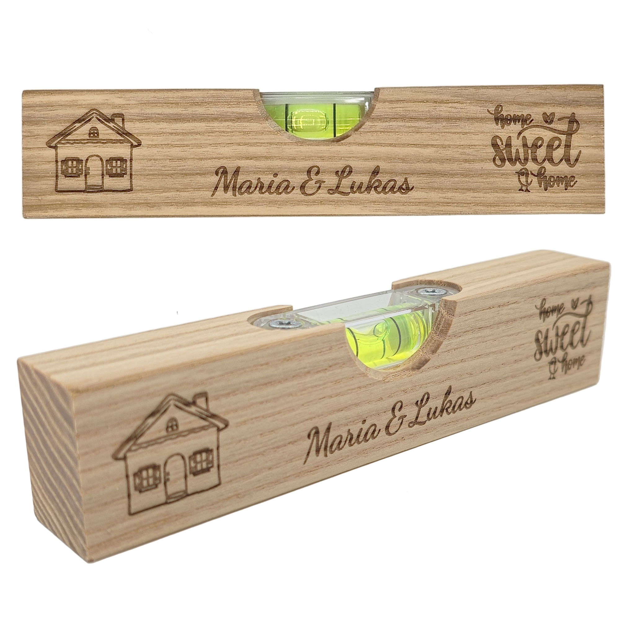 Personalisierte Mini Wasserwaage aus Holz | Geschenk zum Einzug, Richtfest & Hausbau | Individuelle Gravur | Home Sweet Home mit Namen
