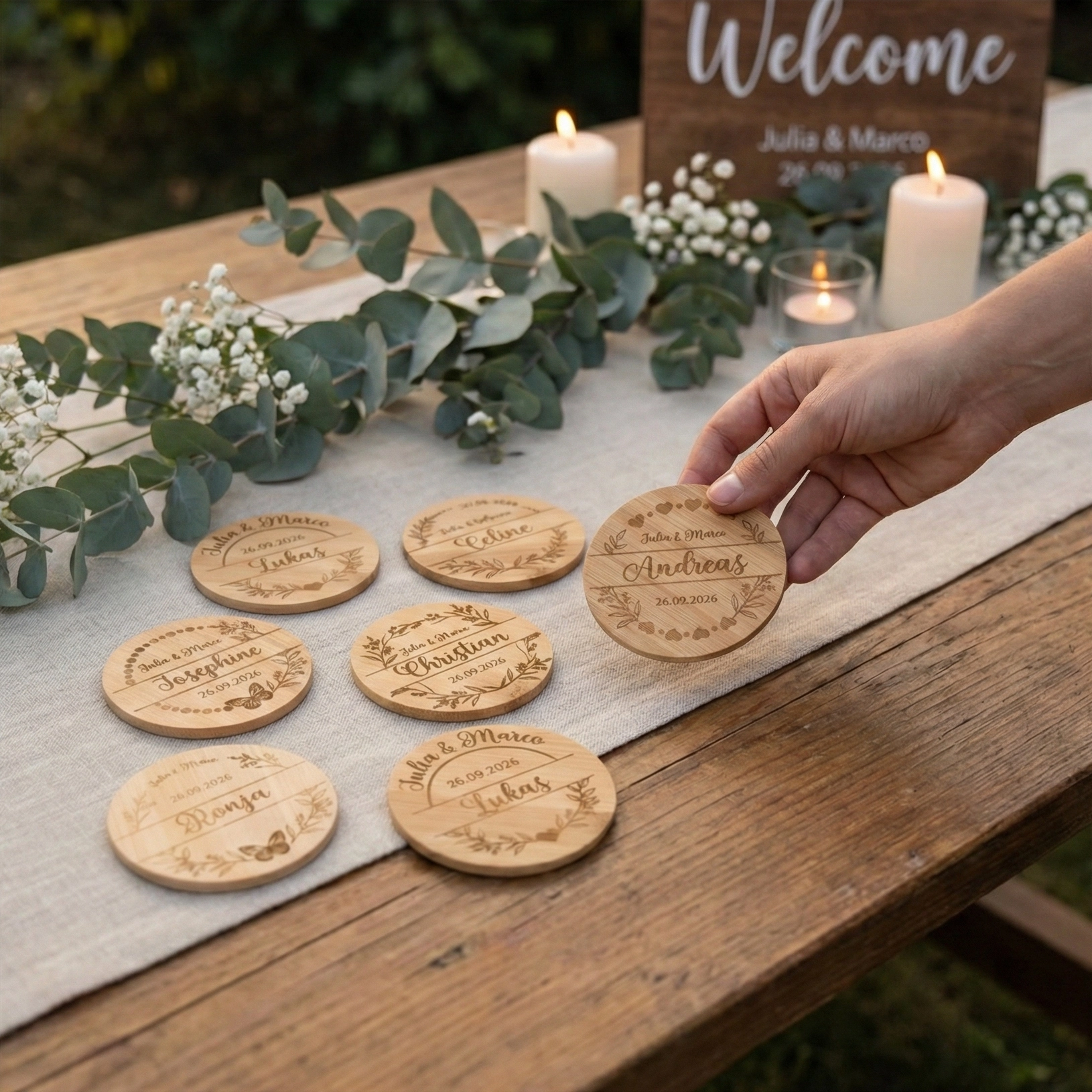 Platzkarte und Untersetzer aus Bambus, perfekt für Hochzeiten, personalisiert